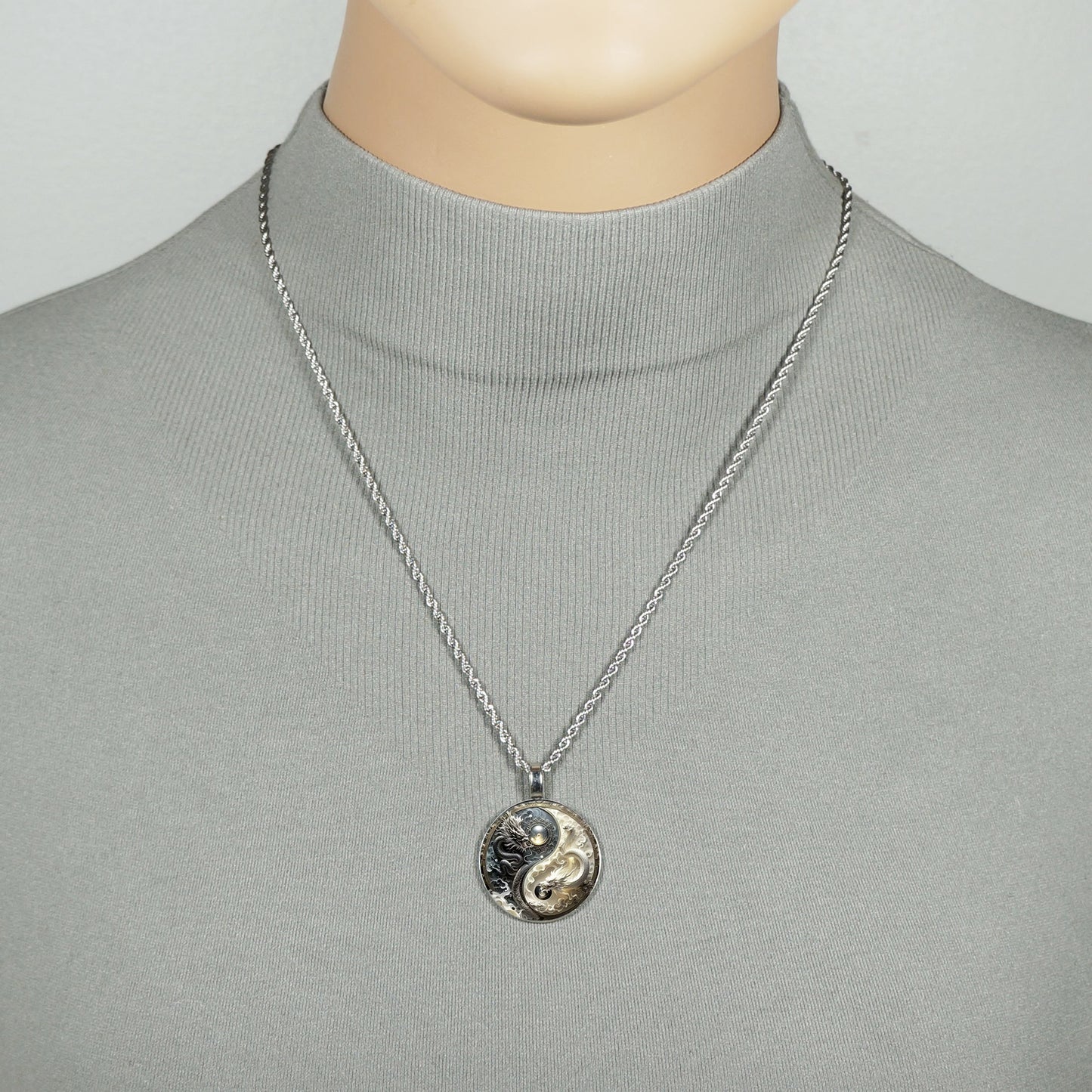 Intricate Highly Detailed Yin Yang Dragon Pendant, Stainless Steel Rope Chain, 20 Inch, Gift for Him or Her
