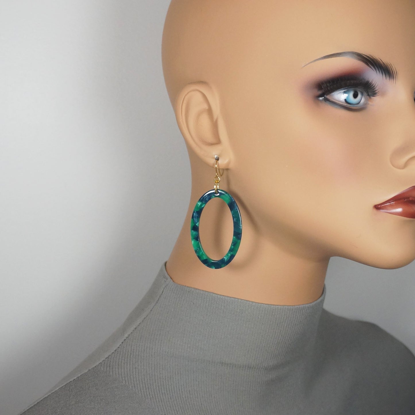Green & Navy Blue Oval Acrylic Boho Statement Earrings, 18K Gold Ear Wires
