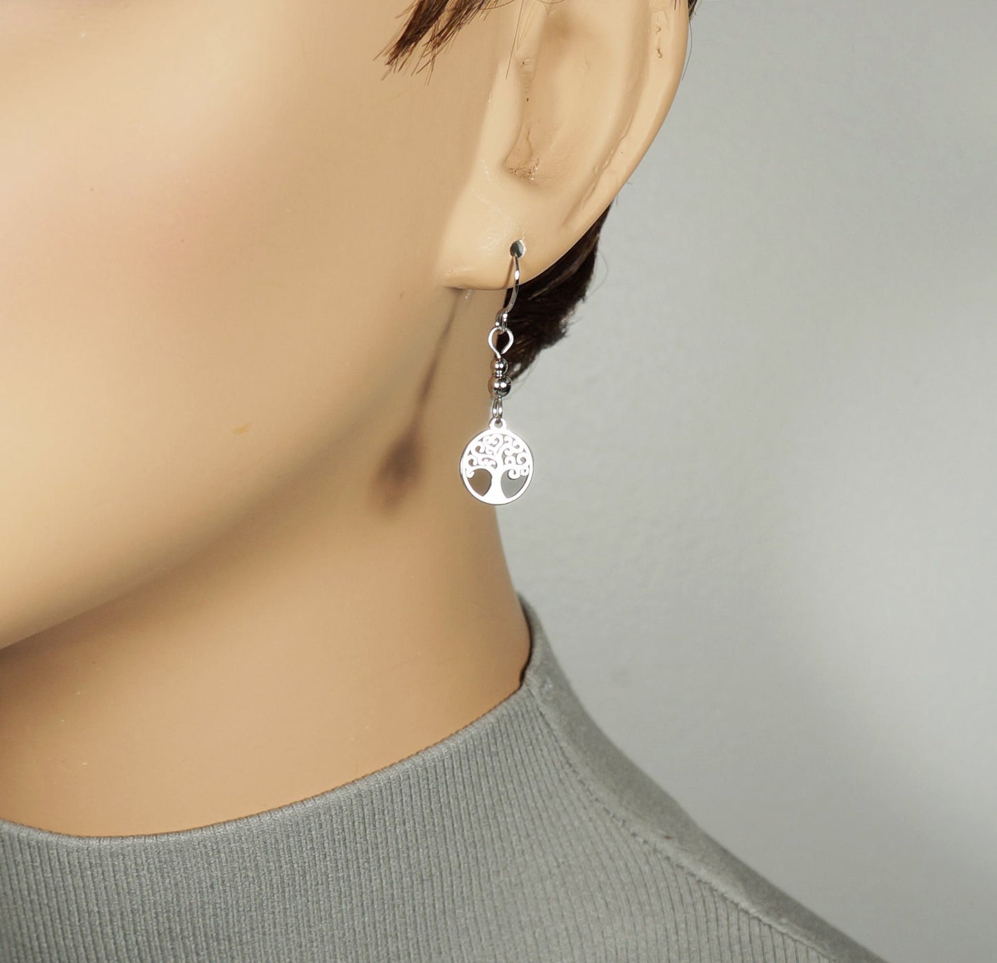Cute Little Stainless Steel Tree of Life Earrings, Hypoallergenic Platinum Ear Wires