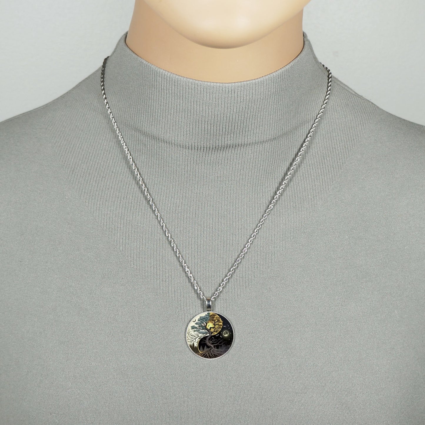 Intricate Highly Detailed Yin Yang Tree of Life Pendant on Solid Stainless Steel Rope Chain, 20 Inch, Unisex Gift