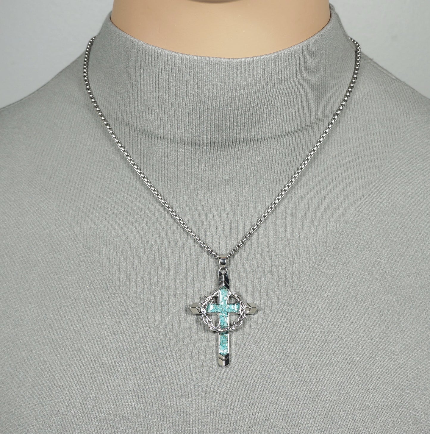 Silver Cross Pendant with Turquoise Inlay & Crown of Thorns, Stainless Steel Chain Necklace, Length Choices, Christian Faith Gift for Him or Her