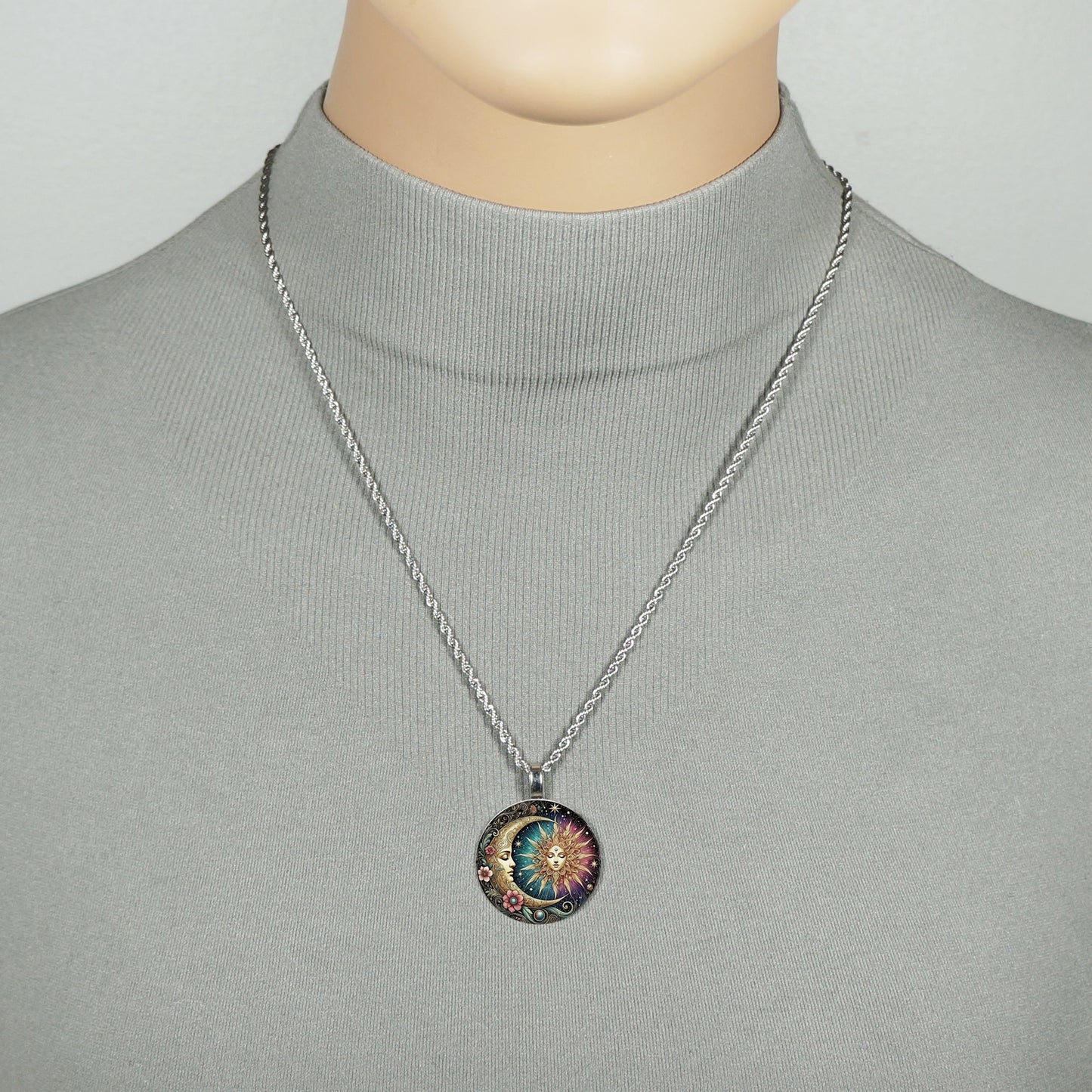 Intricate Highly Detailed Celestial Sun Pendant on Stainless Steel Rope Chain, 20 Inch, Gift for Her