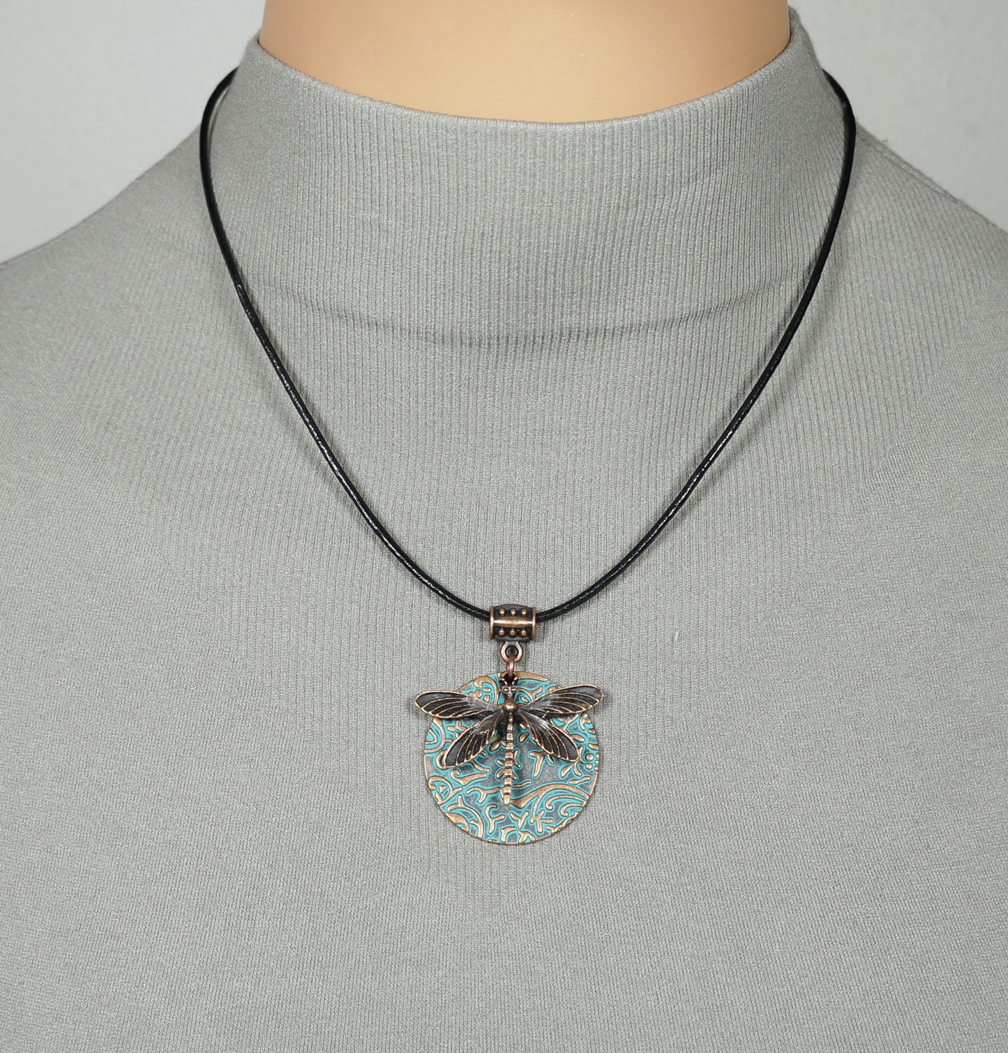 Nature Inspired Copper Patina Dragonfly Statement Pendant Boho Black Leather Cord Necklace, Length Choices, Gift for Her