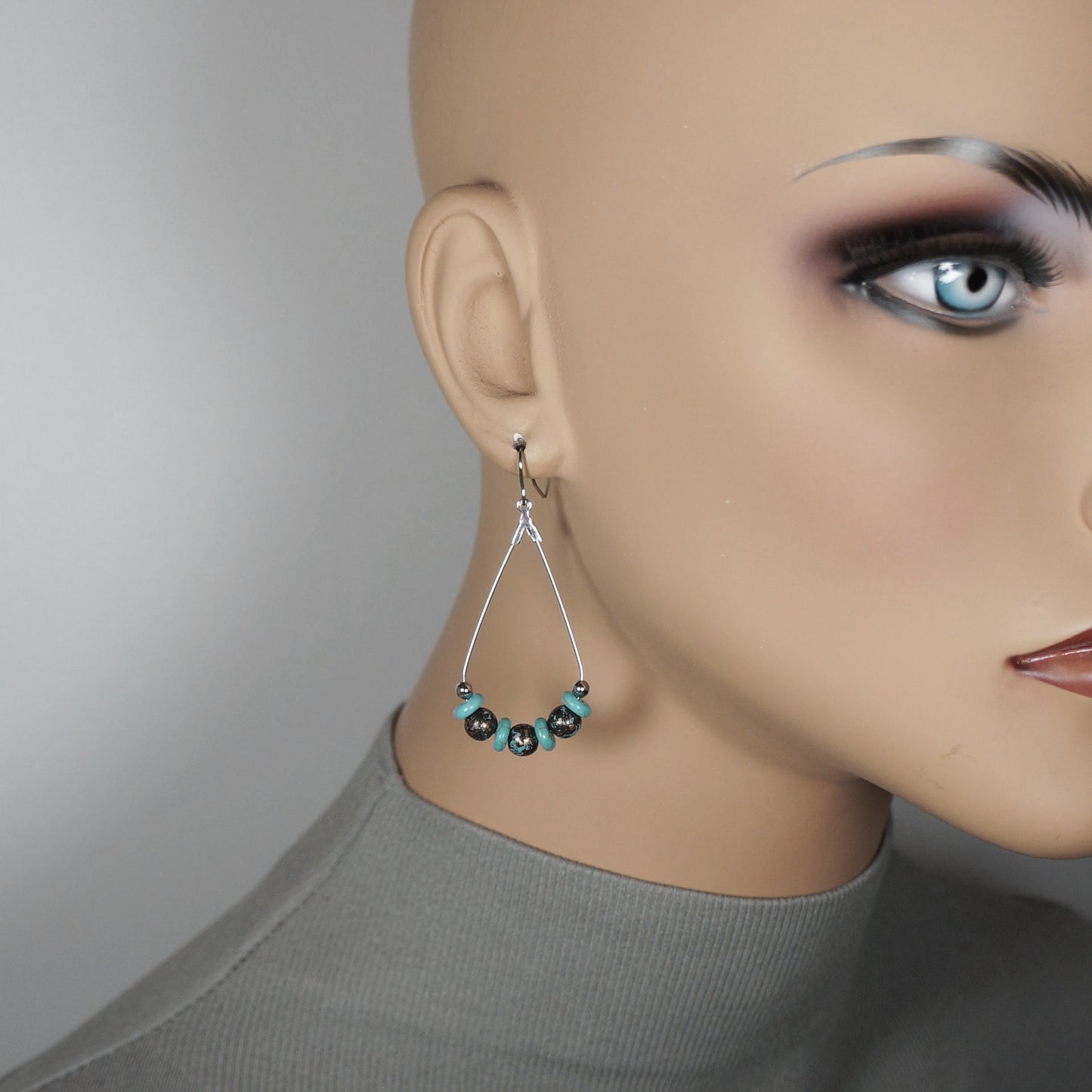 Beautiful Handmade Silver and Turquoise Stainless Steel Teardrop Beaded Statement Earrings, Platinum Ear Wires
