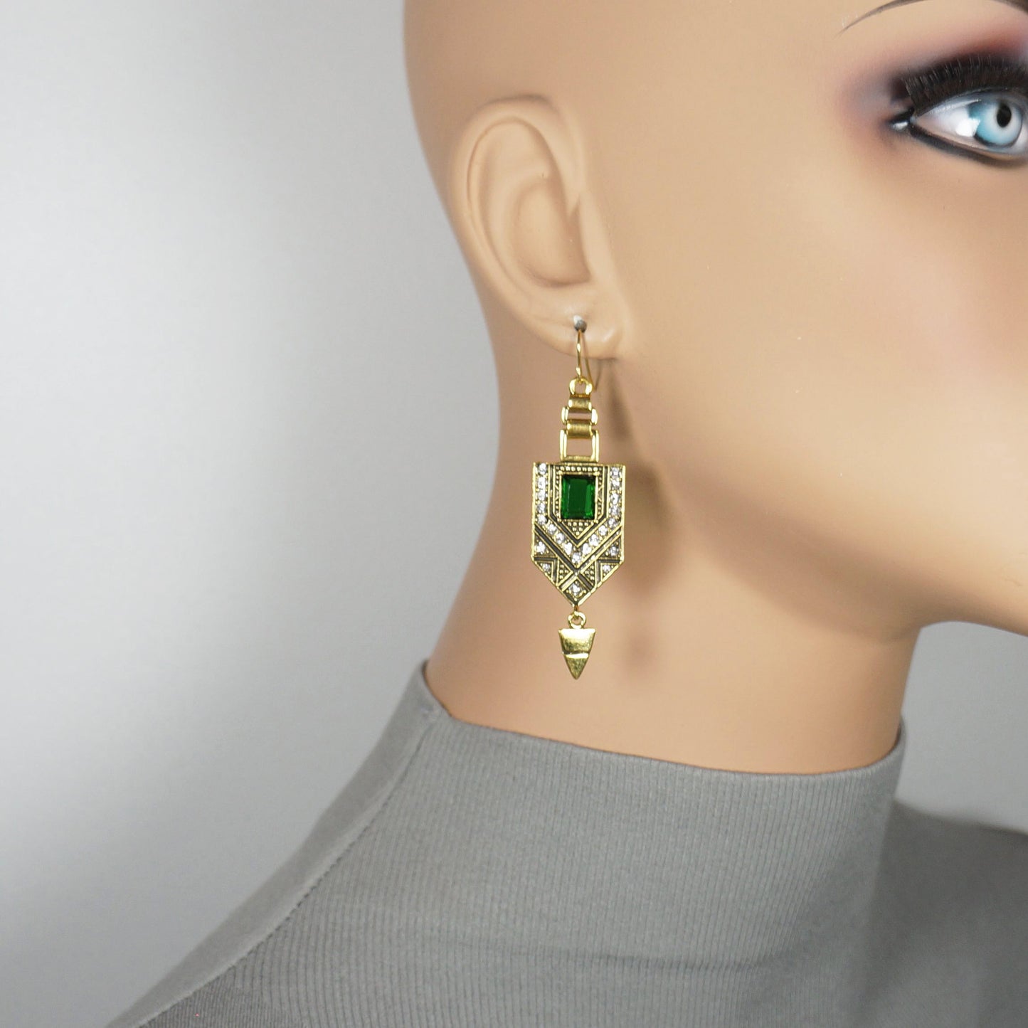 Vintage Art Deco Gold & Green Aztec Boho Statement Earrings, 18K Gold Ear Wires