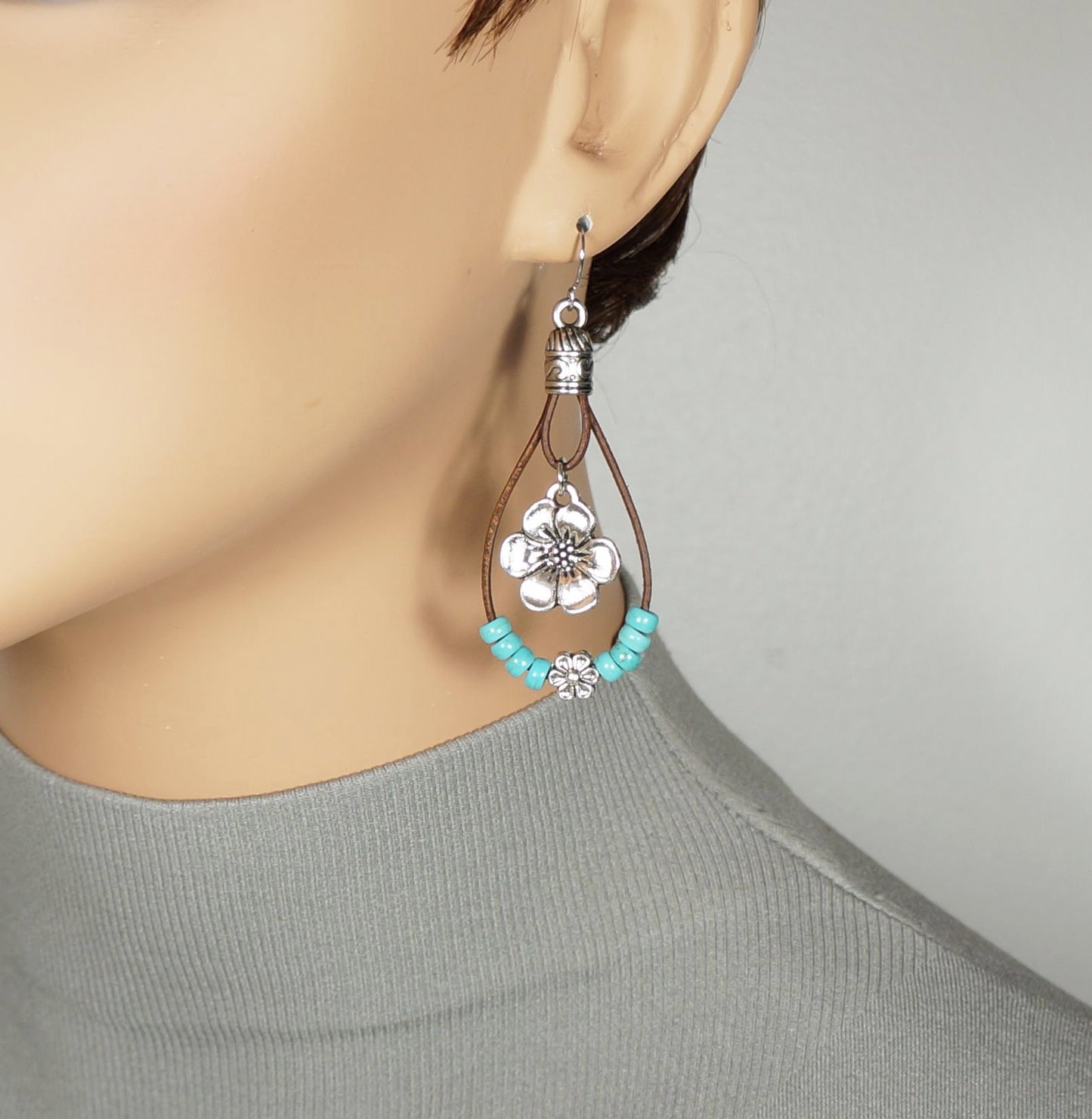 Western Inspired Leather Teardrop with Silver Flowers and Turquoise Color Accents, Hypoallergenic Platinum Ear Wires
