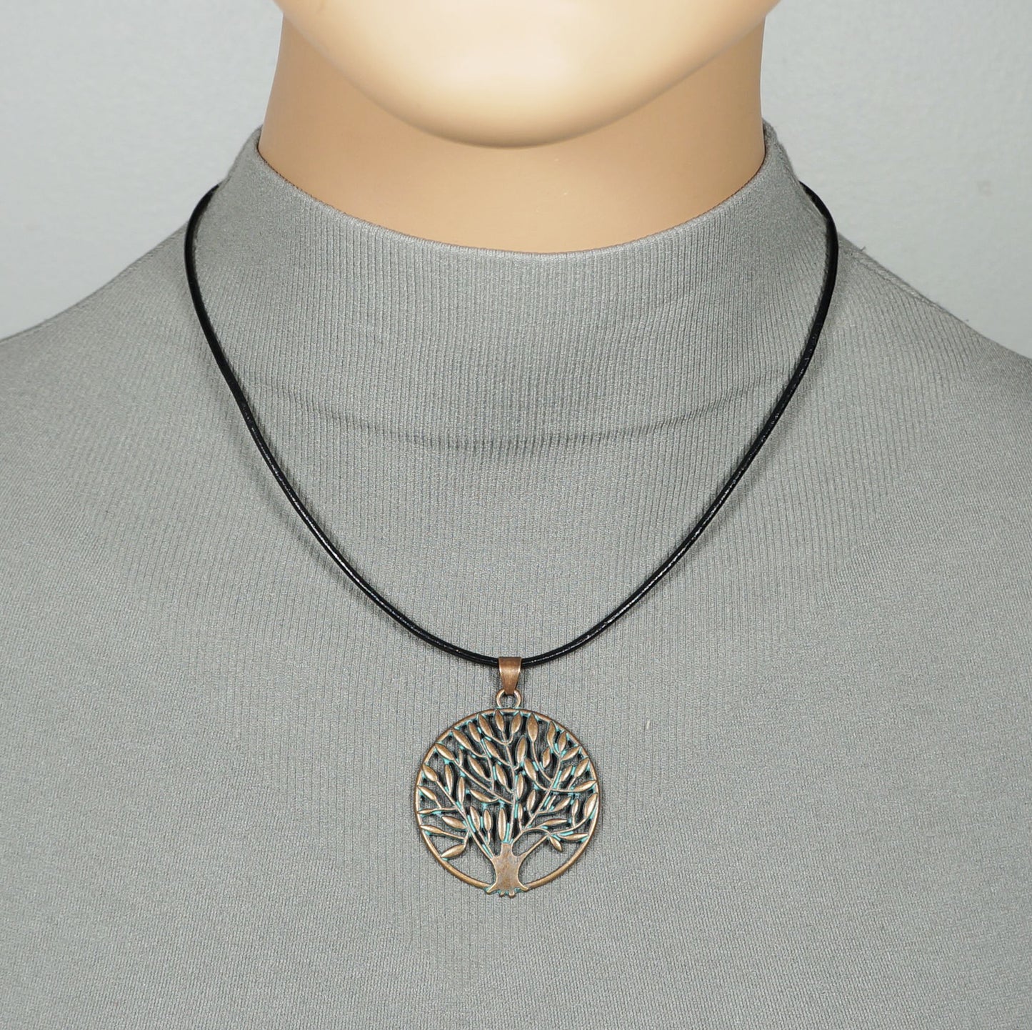 Unisex Copper Patina Tree Pendant Black Leather Cord Boho Statement Necklace, Length Choices
