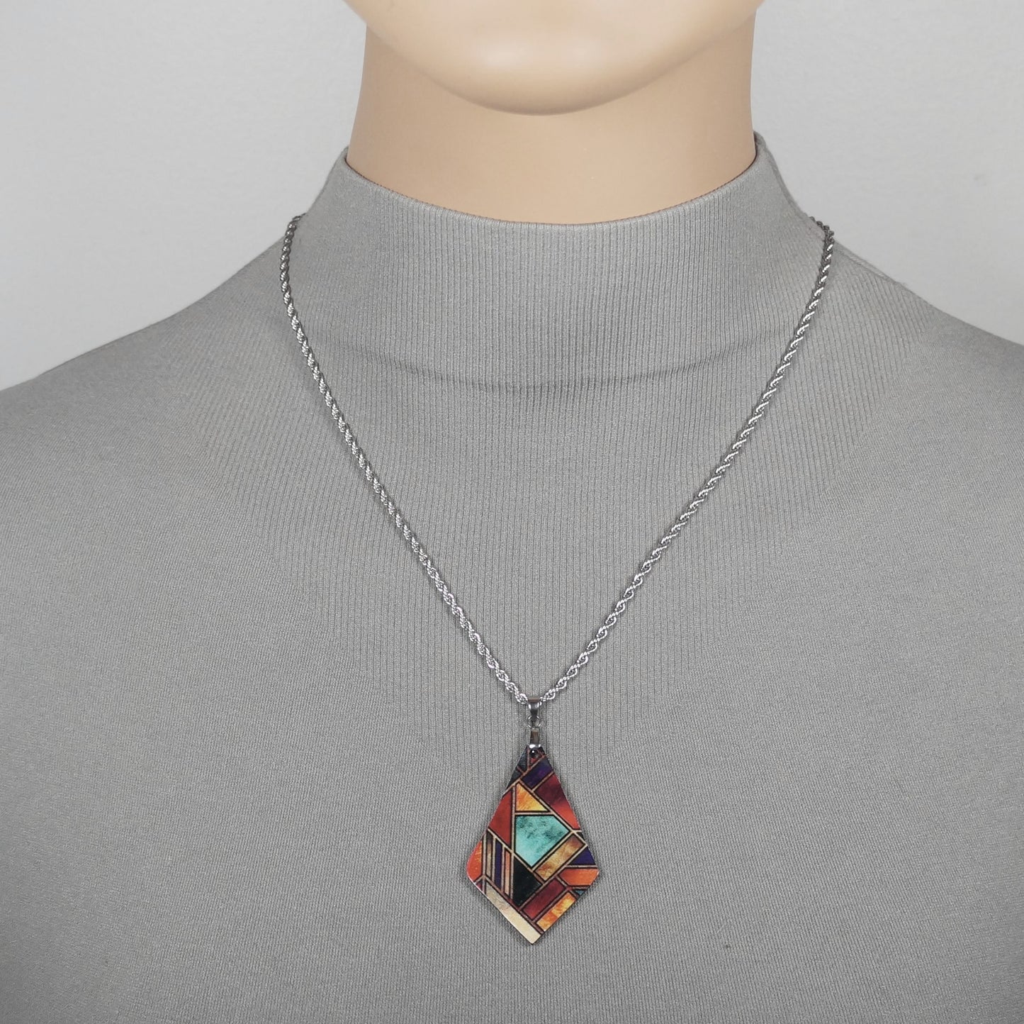 High Quality Stainless Steel Rope Chain with Colorful Abstract Diamond Shape Boho Wood Statement Pendant – 19 1/2 inches