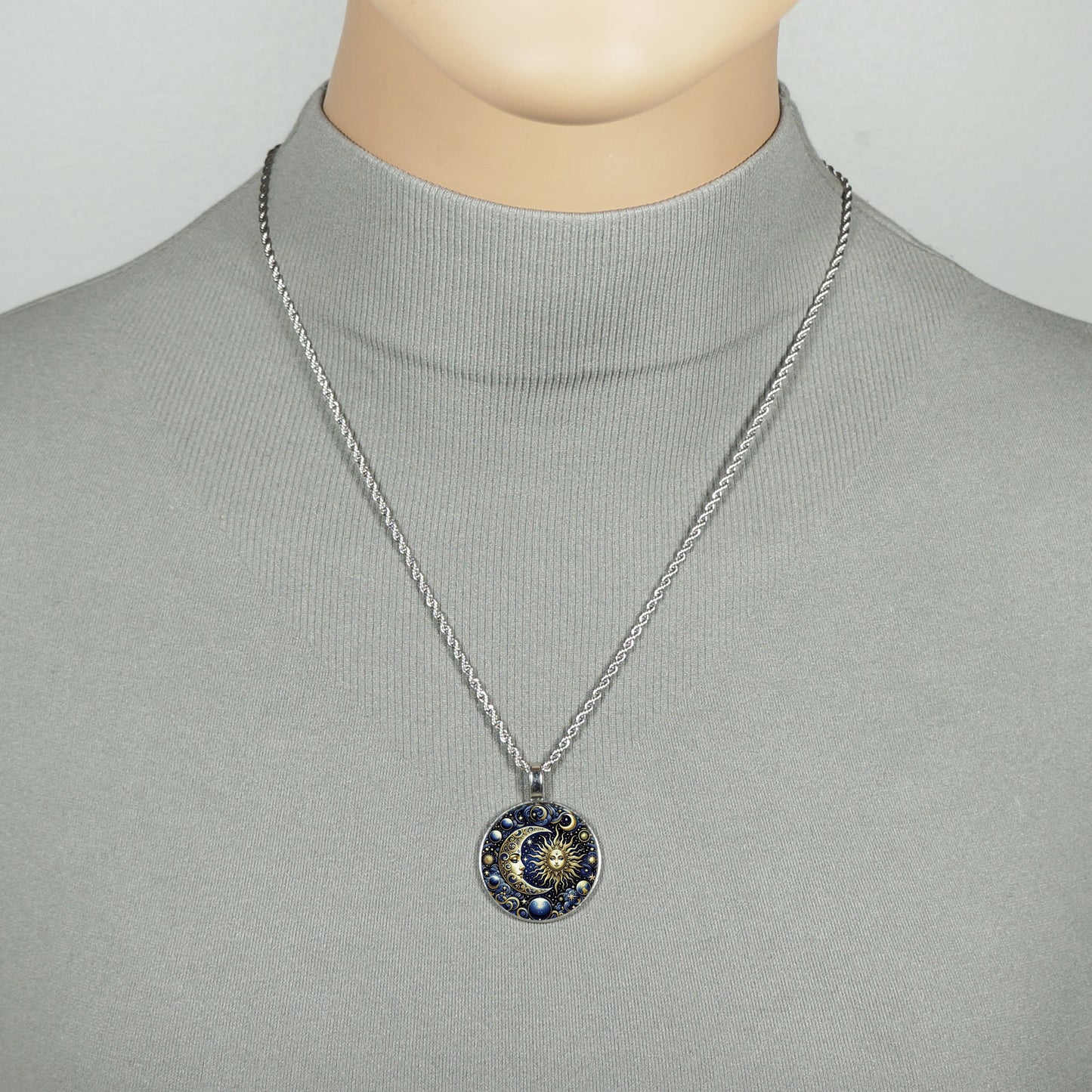 Intricate Highly Detailed Celestial Blue Sun Moon Boho Pendant, Stainless Steel Rope Chain Necklace, 20 Inch, Unisex Gift for Him or Her