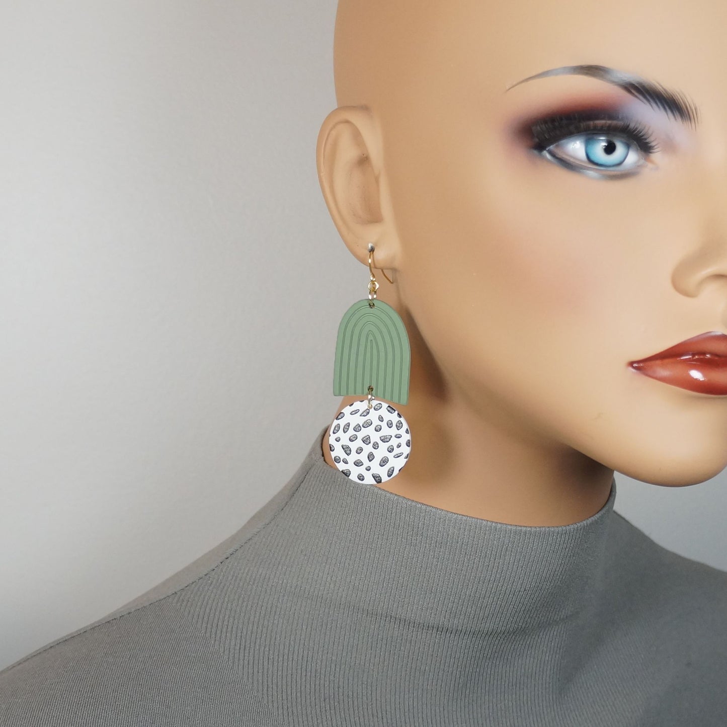 Green and White Cow Print Statement Earrings, Hypoallergenic 18K Earwires