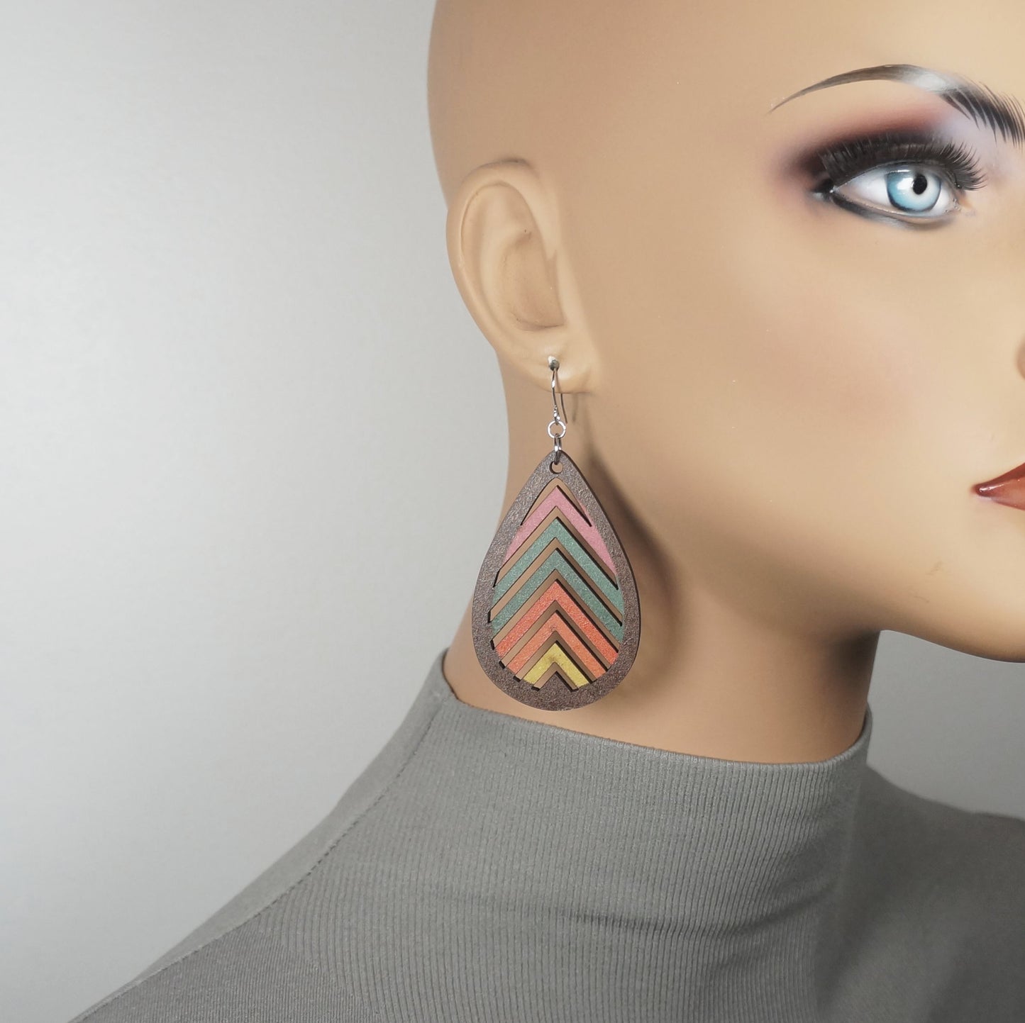 Retro Rainbow Wood Teardrop Boho Statement Earrings, Platinum Wires