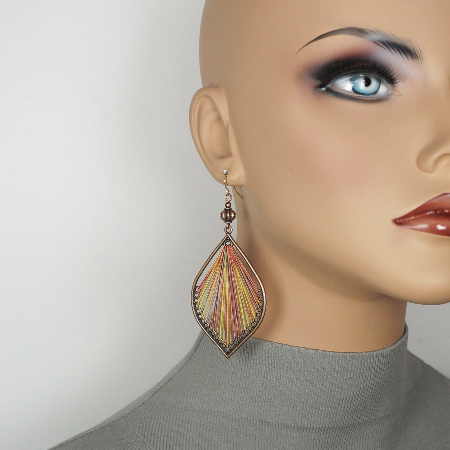Boho Multi Colored Teardrop Thread and Copper Rustic Ethnic Statement Earrings, 18K Gold Earwires