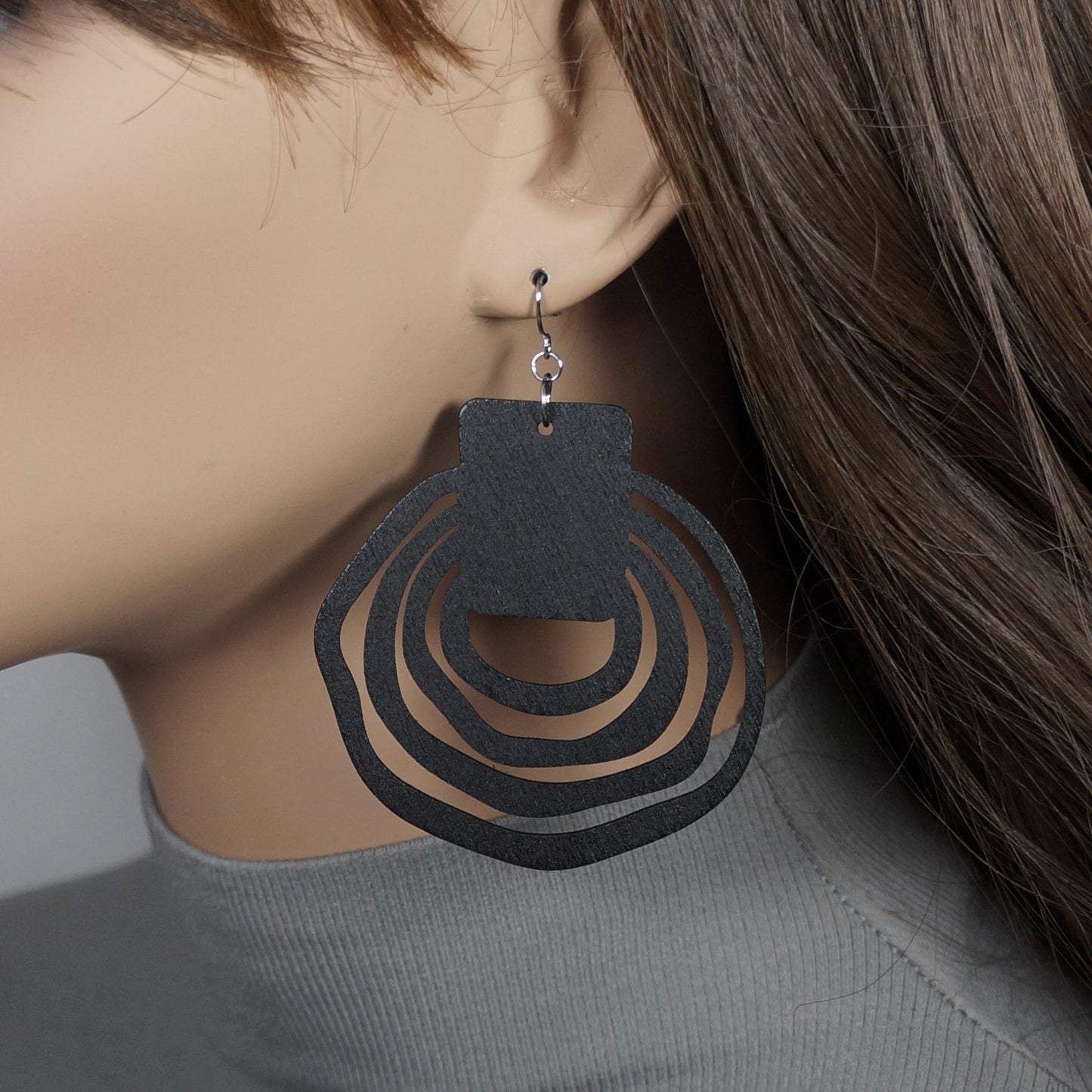 Large Irregular Shaped Black Wood Hoop Lightweight Boho Statement Earrings, Hypoallergenic Platinum Ear Wires, Gift for Her