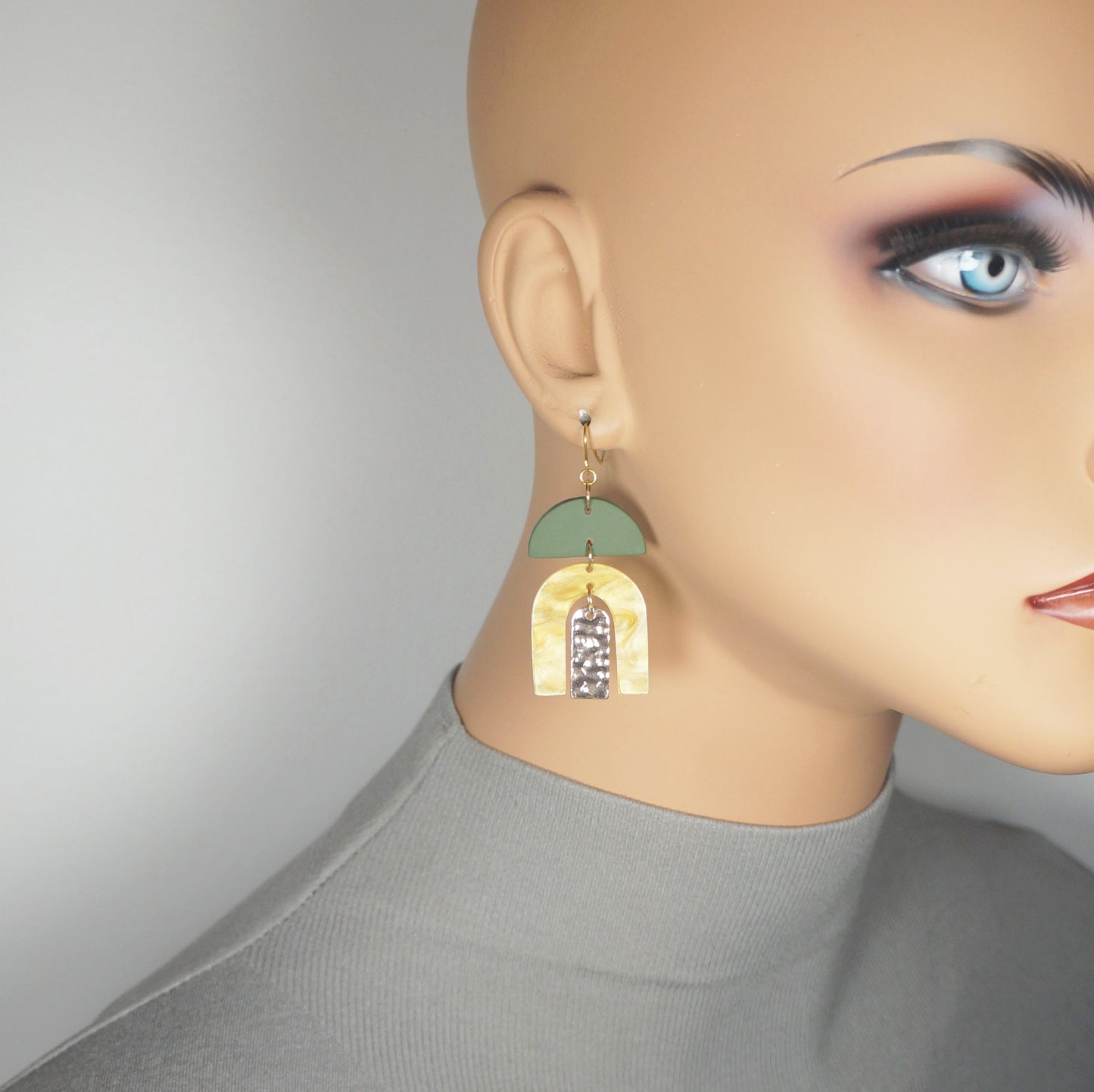 Gold and Green Acrylic Boho Statement Earrings, 18K Gold Ear Wires