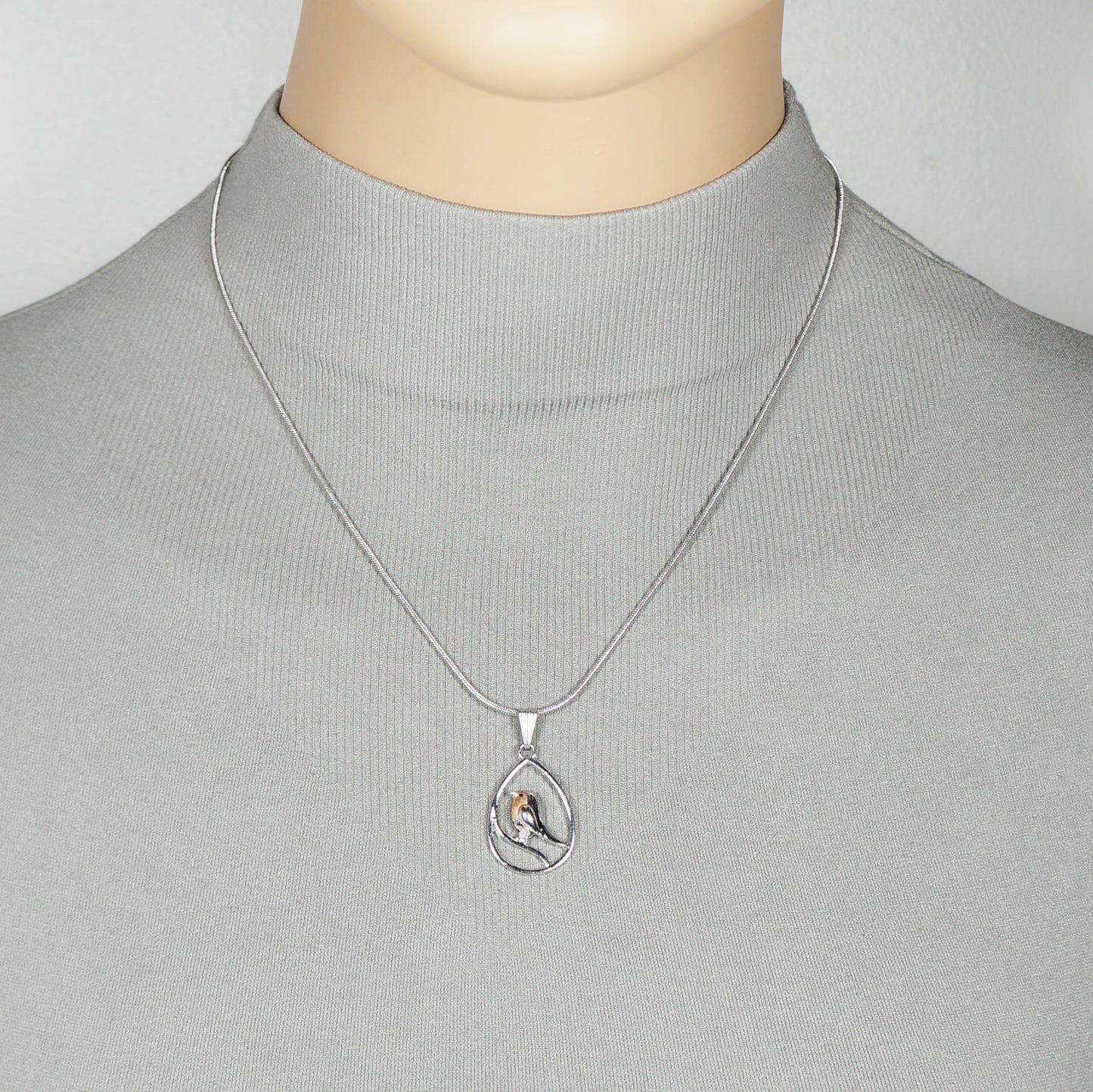 Silver & Rose Gold Teardrop Bird Charm, Stainless Steel Snake Chain, Length Choices, Gift for Her