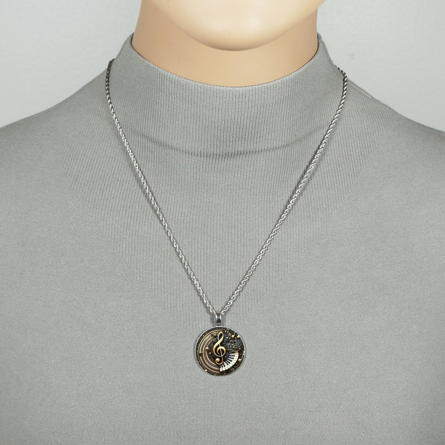 Intricate Highly Detailed Treble Clef Piano Keys Music Pendant, Stainless Steel Rope Chain Necklace, 20 Inch, Unisex Gift for Musicians & Music Lovers