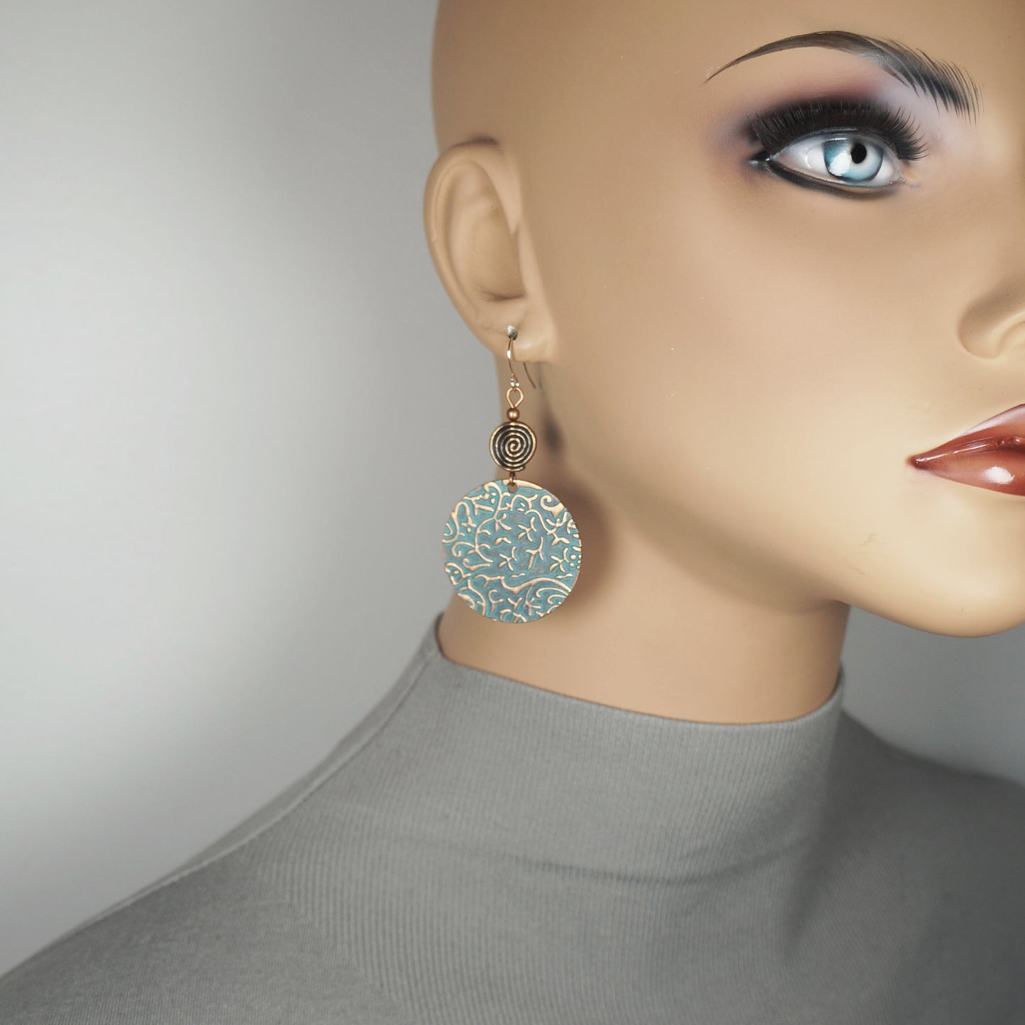 Round Copper Patina Rustic Boho Swirl Statement Dangle Earring, Rose Gold Ear wires