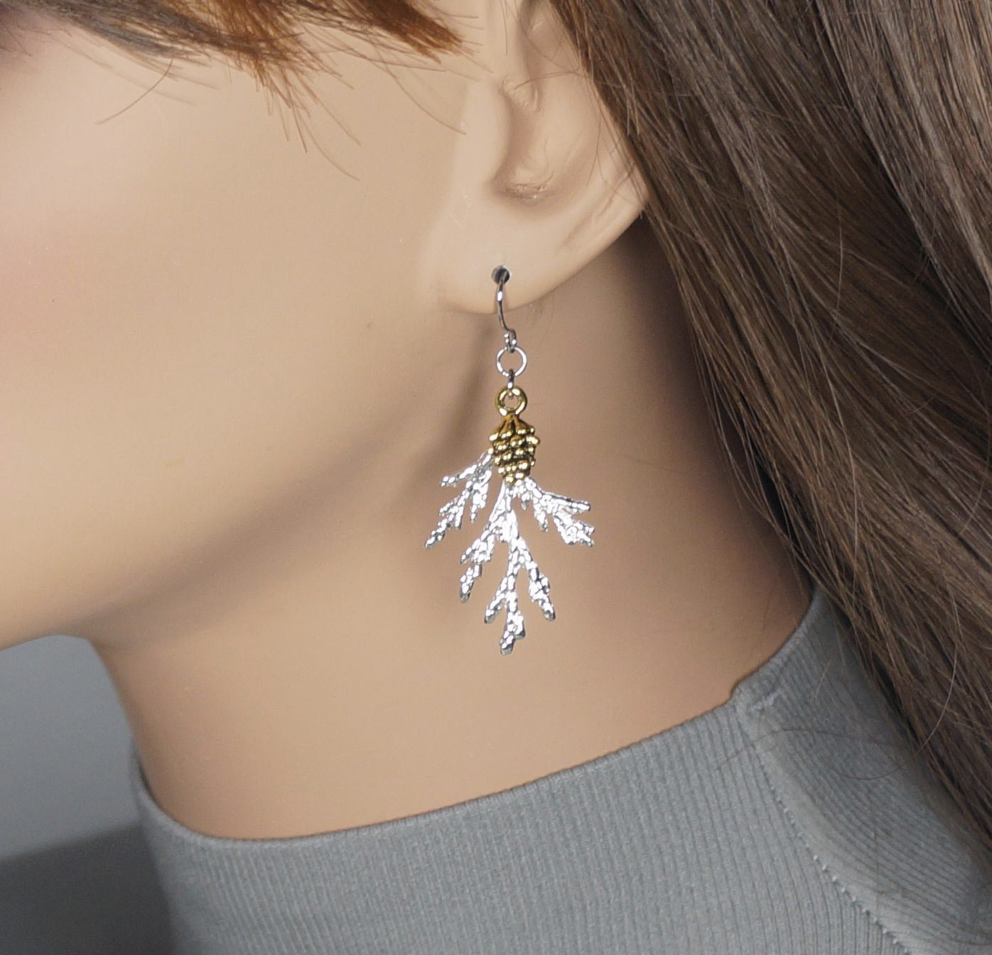 Gold Pinecone and Silver Branch Earrings, Hypoallergenic Platinum Ear Wires, Gift for Her