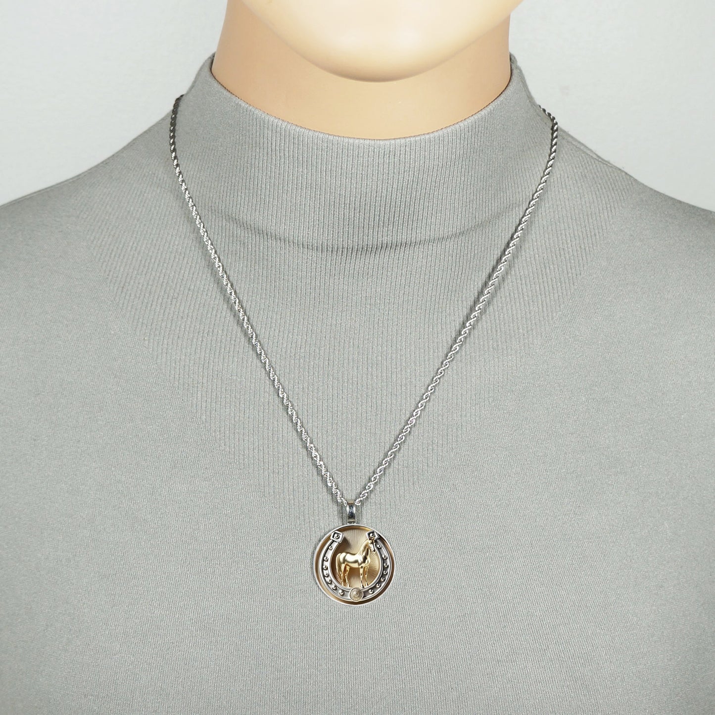 Intricate Highly Detailed Equestrian Horse & Horseshoe Pendant Necklace, Stainless Steel Rope Chain, 20 Inch, Gift for Him or Her