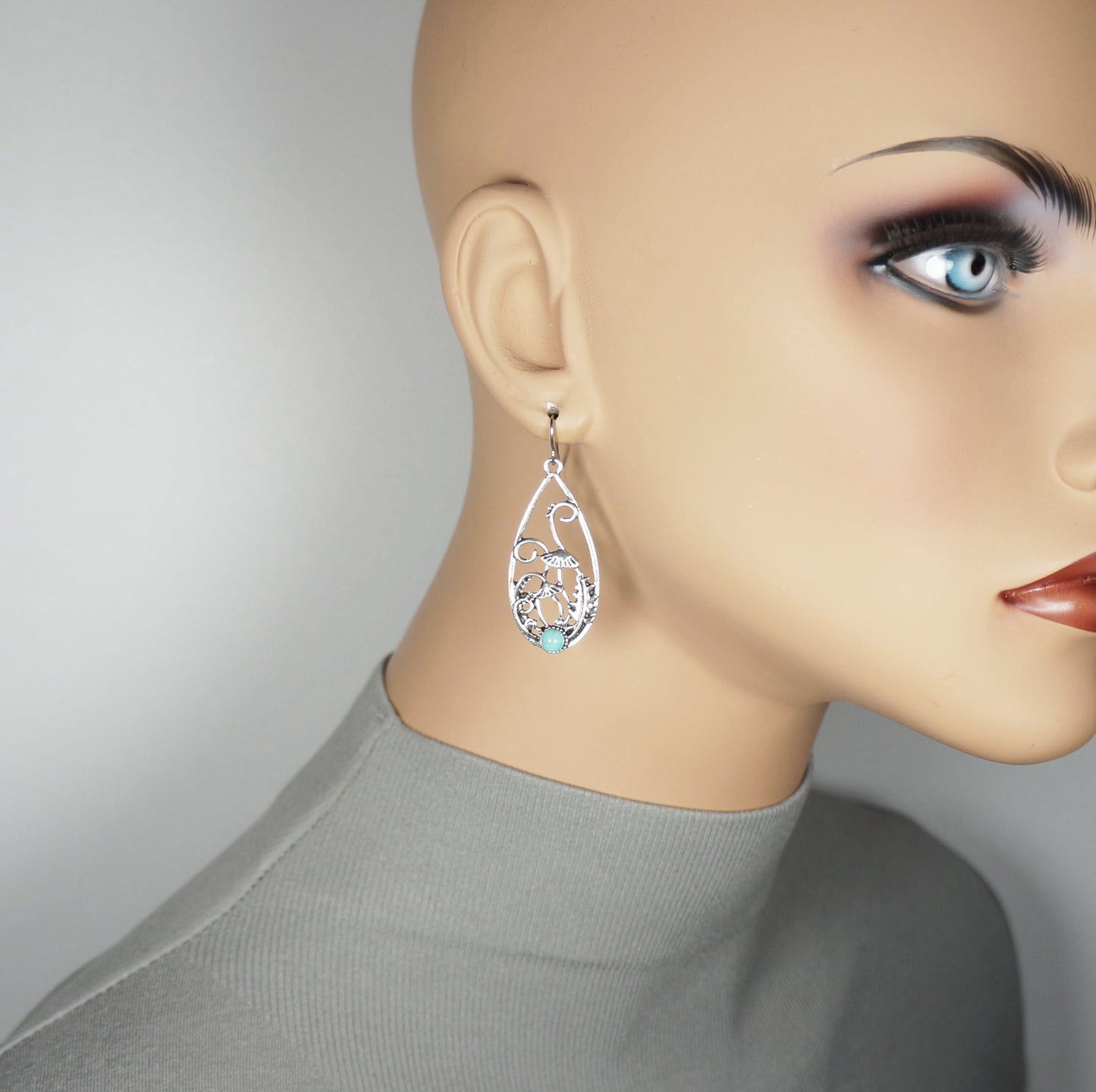 Silver Leaves with Mushrooms and Turquoise Boho Teardrop Statement Earrings, Platinum Ear Wires