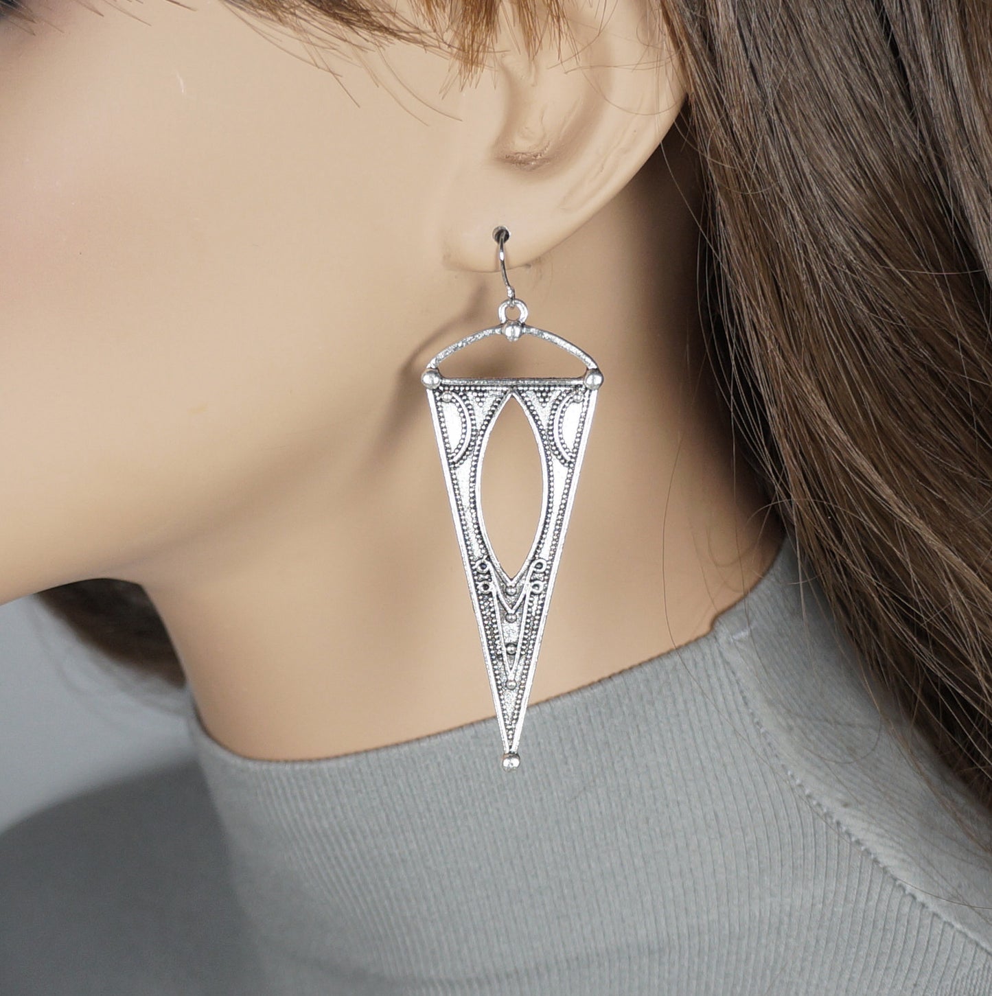 Silver Triangle Western Inspired Long Boho Statement Earrings, Hypoallergenic Platinum Ear Wires