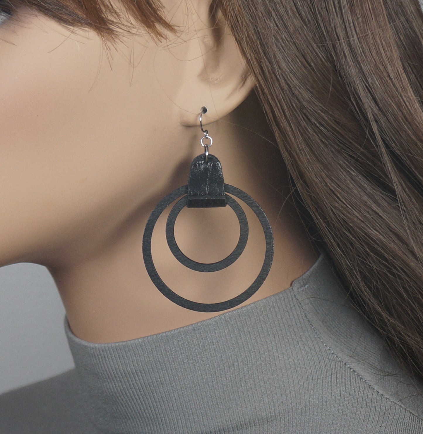 Double Wood Hoop & Vegan Leather Black Boho Statement Earrings, Hypoallergenic Platinum Ear Wires, Gift for Her