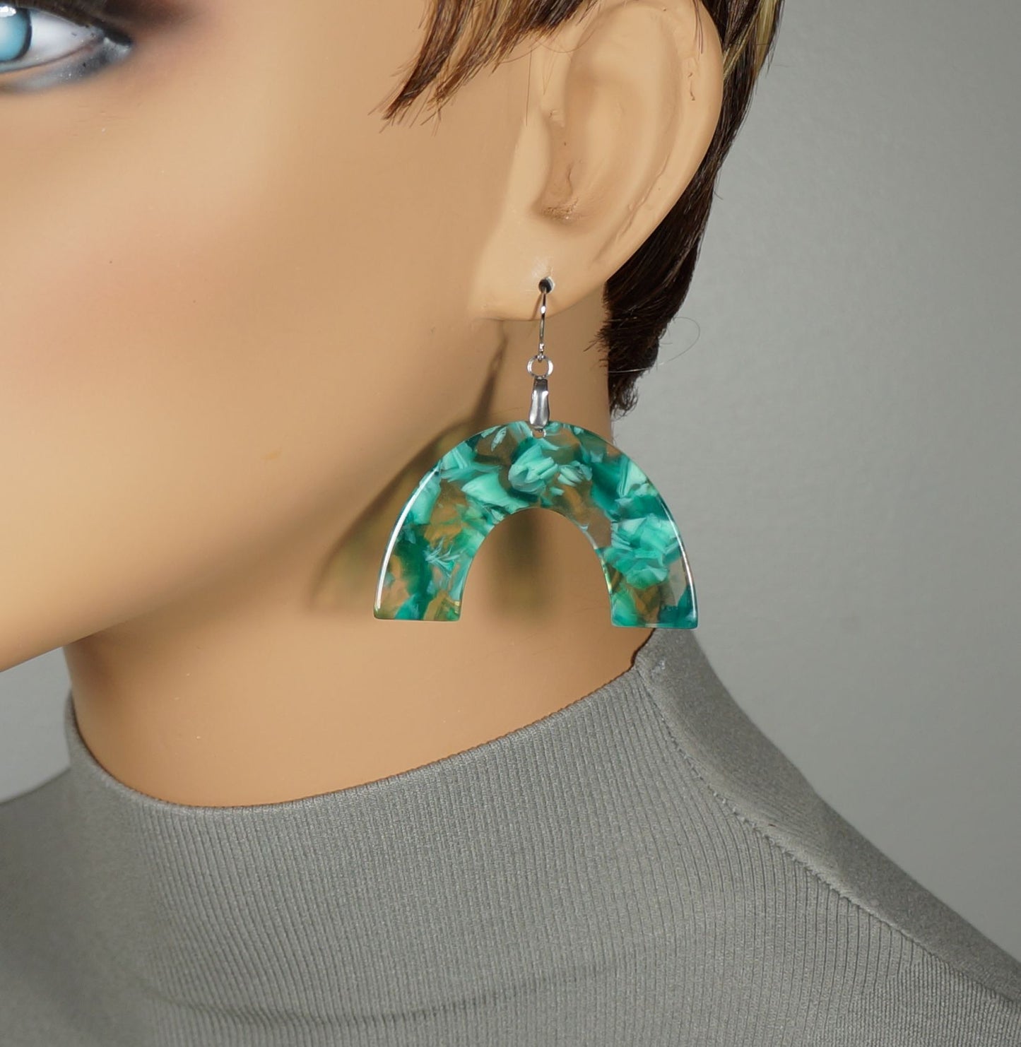 Lightweight Green Boho Statement Earrings, Hypoallergenic 18K Gold or Platinum Ear Wires