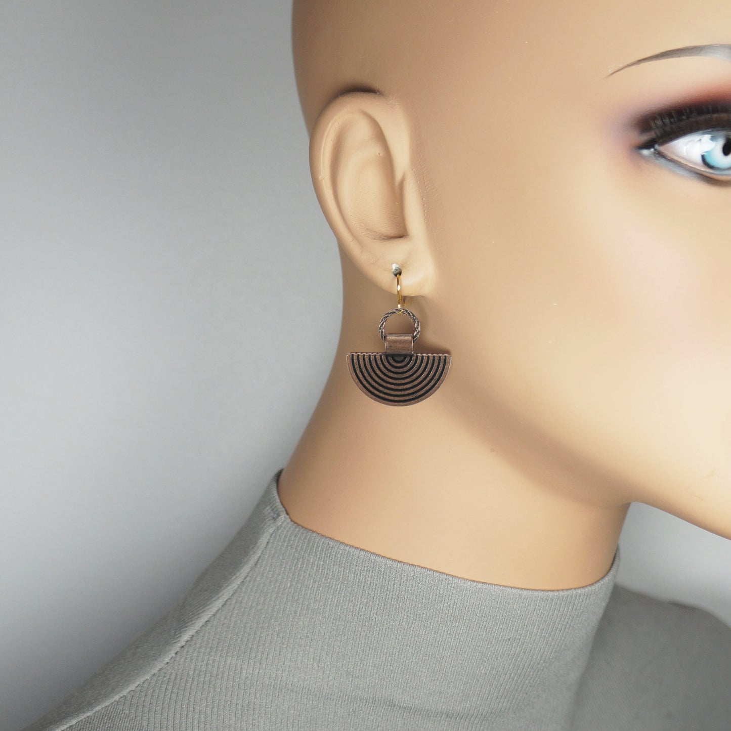 Cute Copper Fan Drop and Twisted Copper Ring Everyday Minimalist Earrings, Hypoallergenic 18K Gold Ear Wires