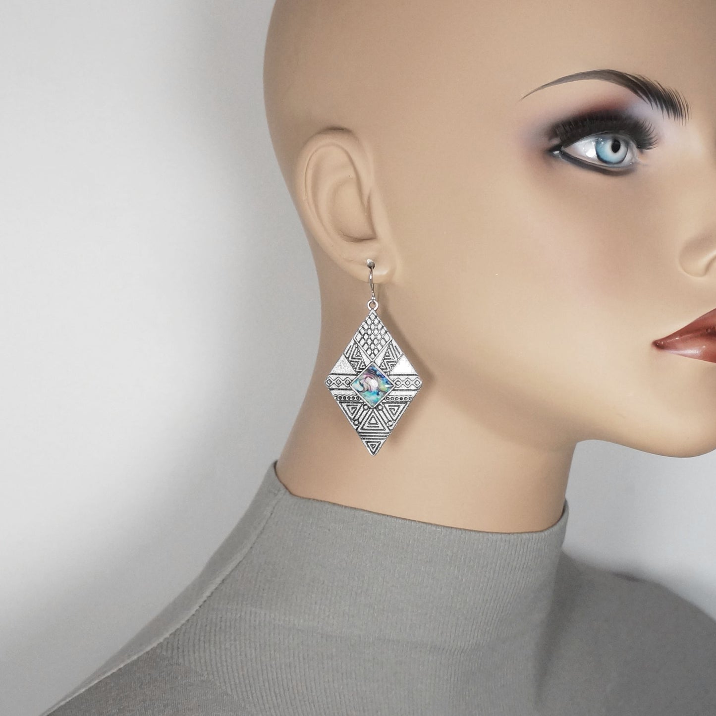 Aztec Inspired Silver Diamond Shape Blue Inlay Statement Earrings, Platinum Ear Wires