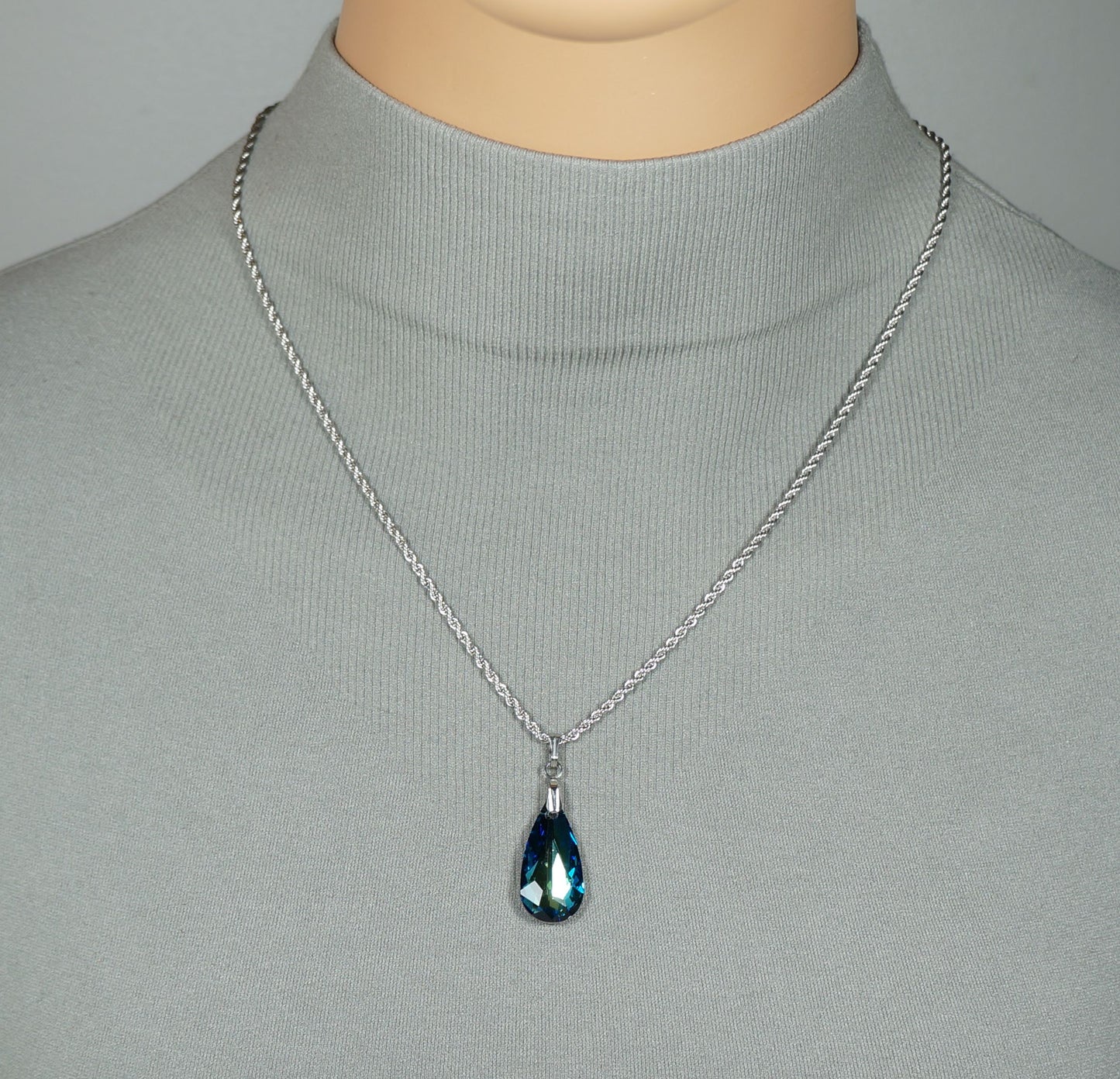 Swarovski Crystal Teardrop Necklace, 20 inch Stainless Steel Rope Chain Crystal Color Choices, Gift for Her