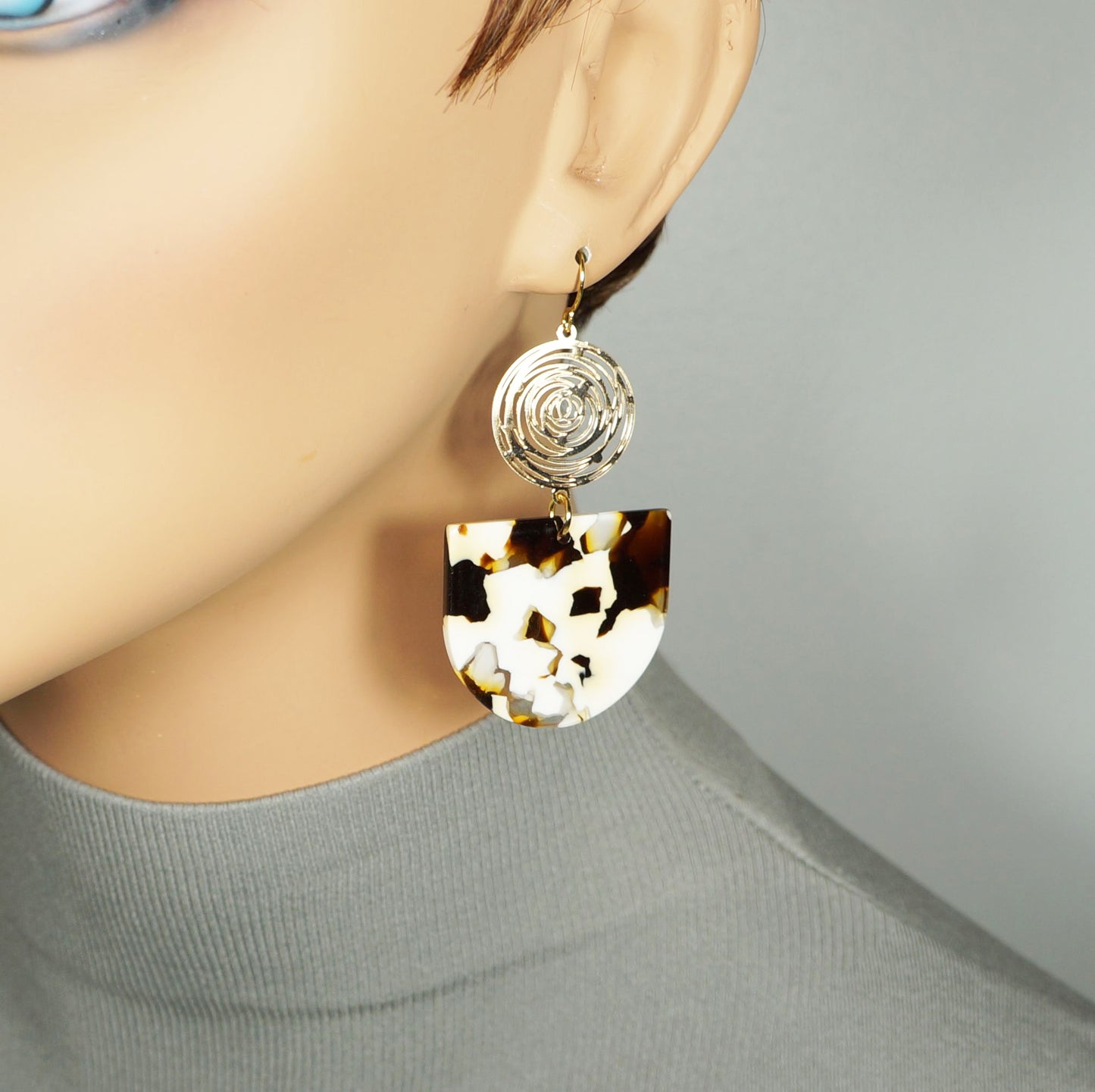 Gold Circles with Brown & Beige Drops Boho Statement Earrings, 18K Gold Ear Wires, Gift for Her