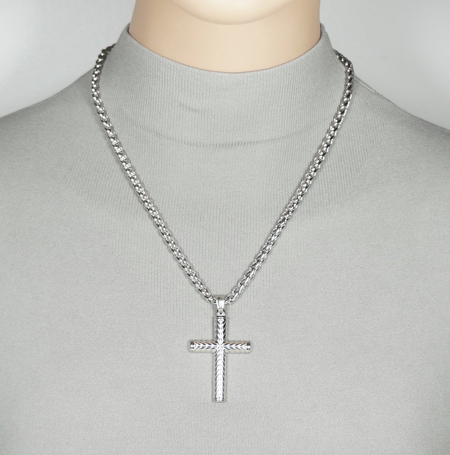 Masculine Silver Cross Statement Pendant Necklace, Bold Thick Solid Stainless Steel Wheat Chain, 20 Inch, Gift for Him