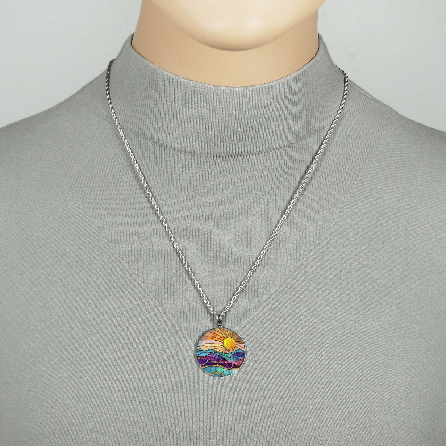 Intricate Highly Detailed Stained Glass Look Rising Setting Sun Pendant on Stainless Steel Rope Chain, 20 Inch