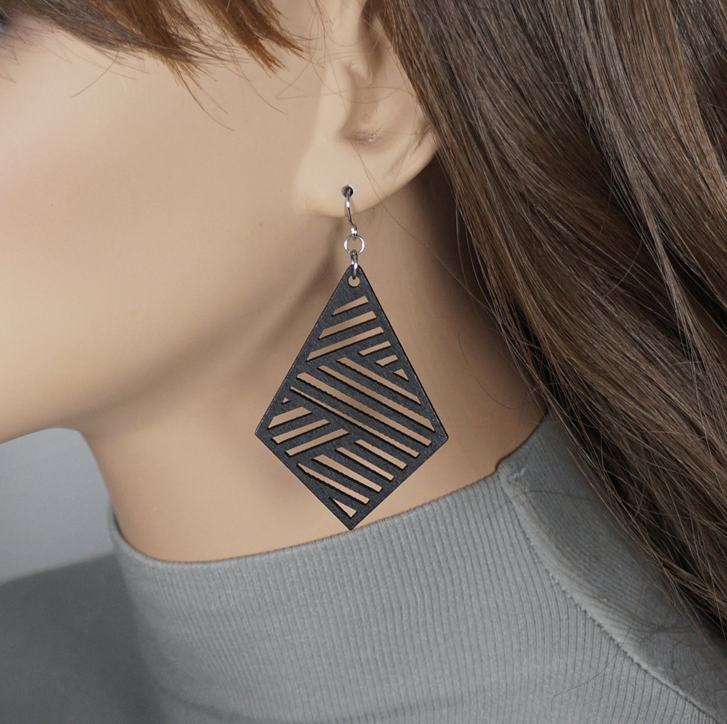 Black Rhombus Shaped Wood Lightweight Boho Statement Earrings, Hypoallergenic Platinum Ear Wires, Gift for Her
