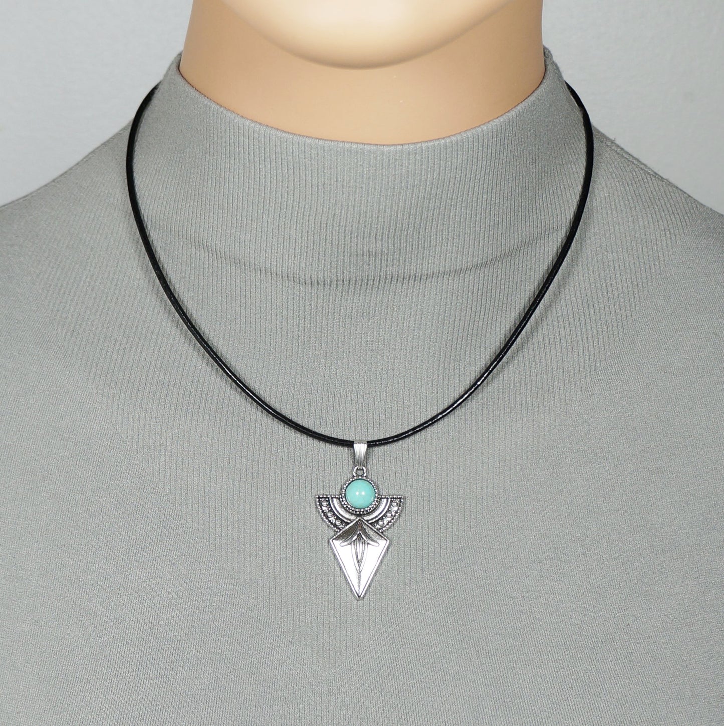 Turquoise & Silver Arrow Southwestern Boho Pendant, Black Leather Cord with Length Choices, Unisex Gift for Him or Her