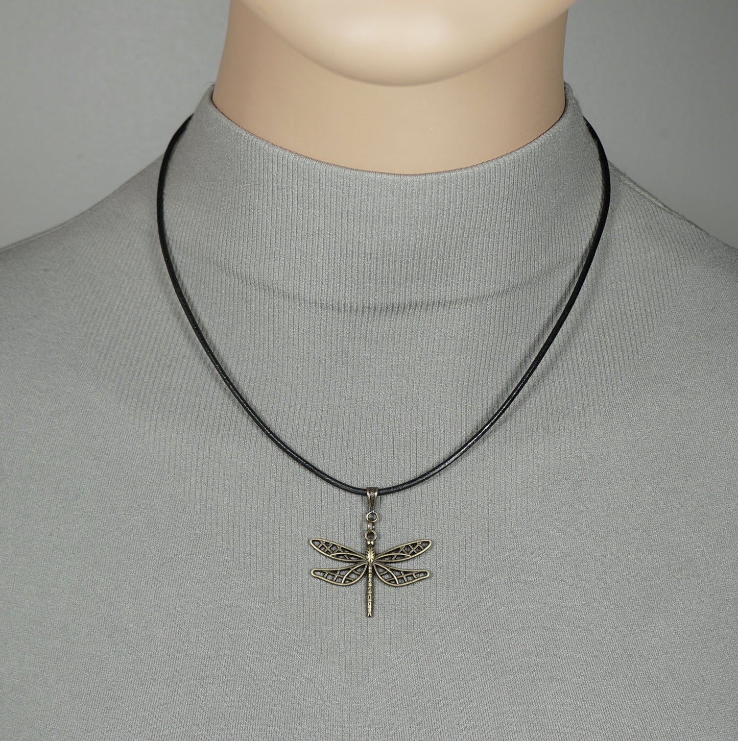 Cute Bronze Dragonfly Pendant, Black Leather Cord Boho Necklace, 16, 18 or 20 Inch.  Gift for Her