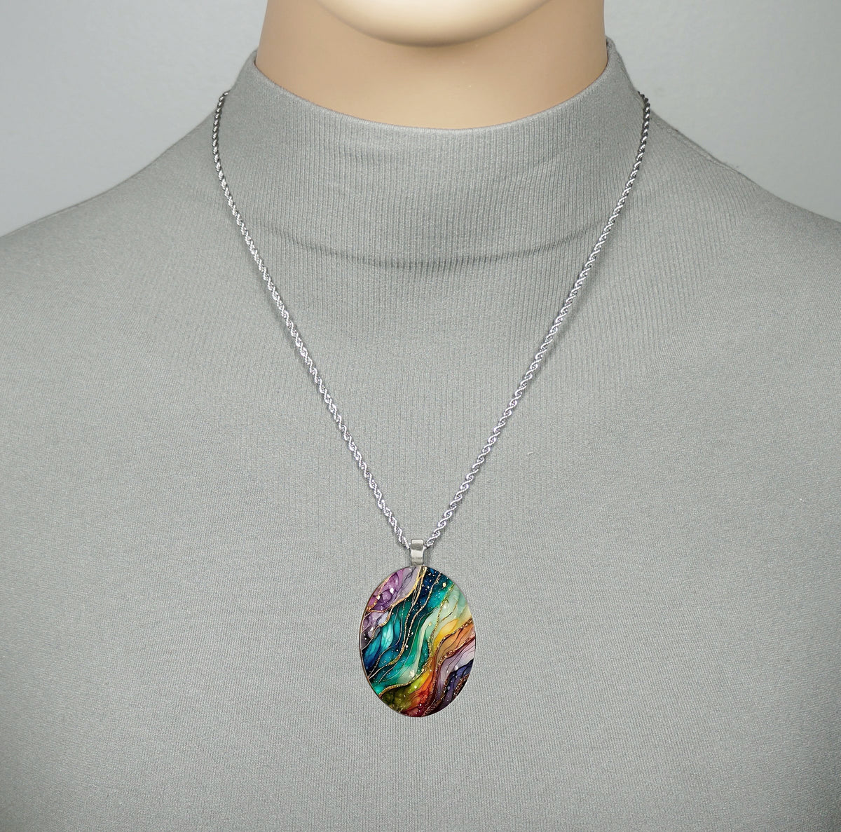 Intricate Highly Detailed Colorful Oval Rainbow Pendant, 20” Stainless Steel Rope Chain Necklace, Gift for Her