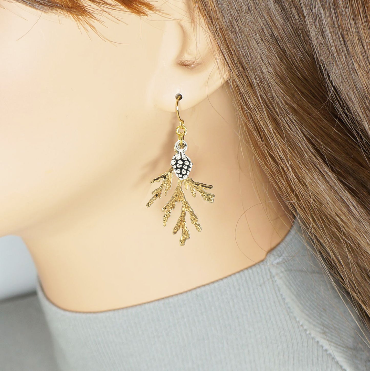 Silver Pinecone and Gold Cedar Branch Earrings, Hypoallergenic 18K Gold Ear Wires, Gift for Her