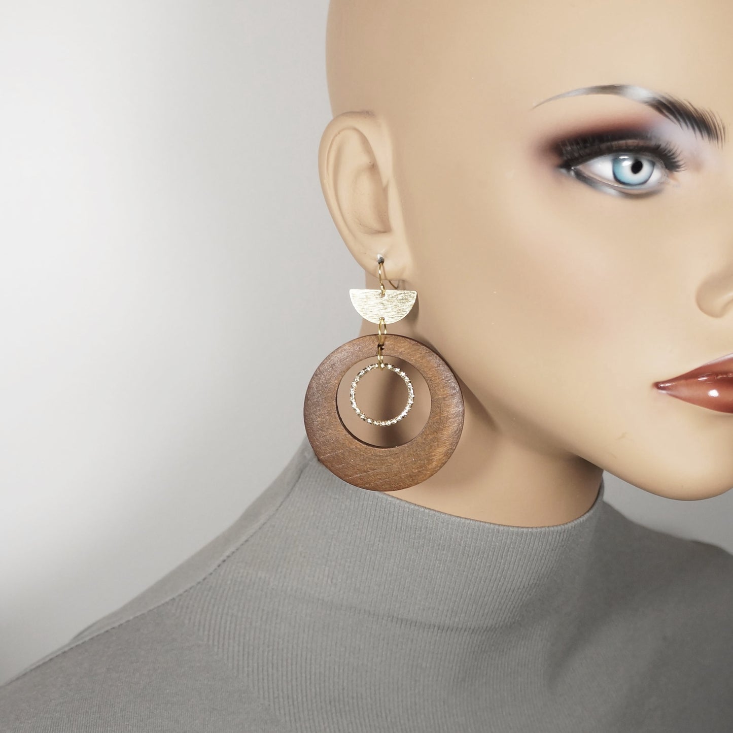 Brown Wood Donut and Gold Boho Earrings, 18K Gold Ear Wires