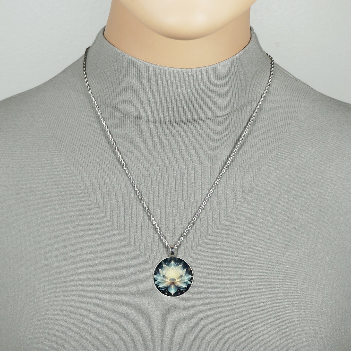Small Lotus Flower Printed Pendant, Stainless Steel Rope Chain Necklace, Feminine Gift for Her