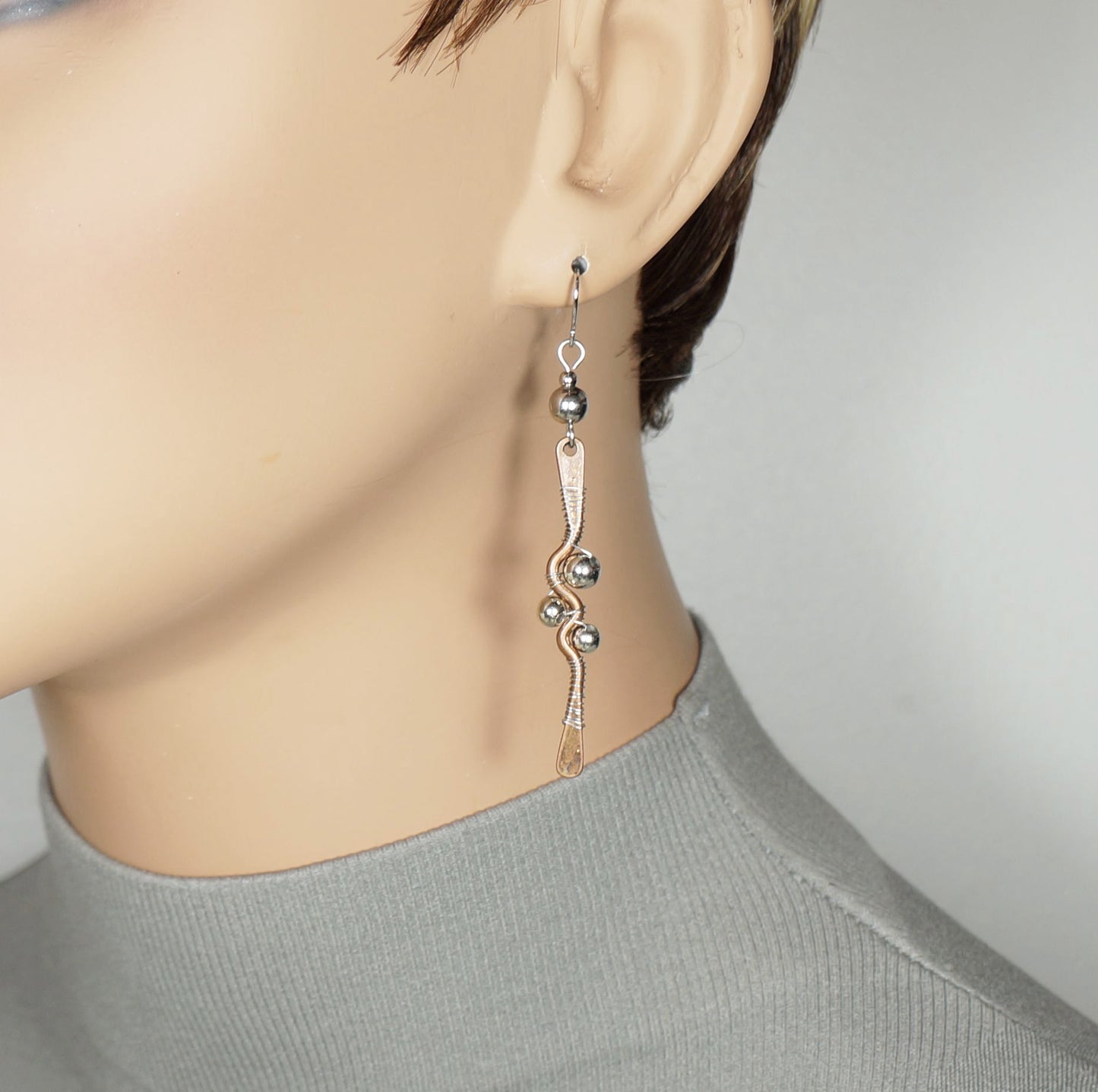 Oxidized Copper & Silver Wire Wrapped Earrings, Hypoallergenic Platinum Ear Wires, Gift for Her
