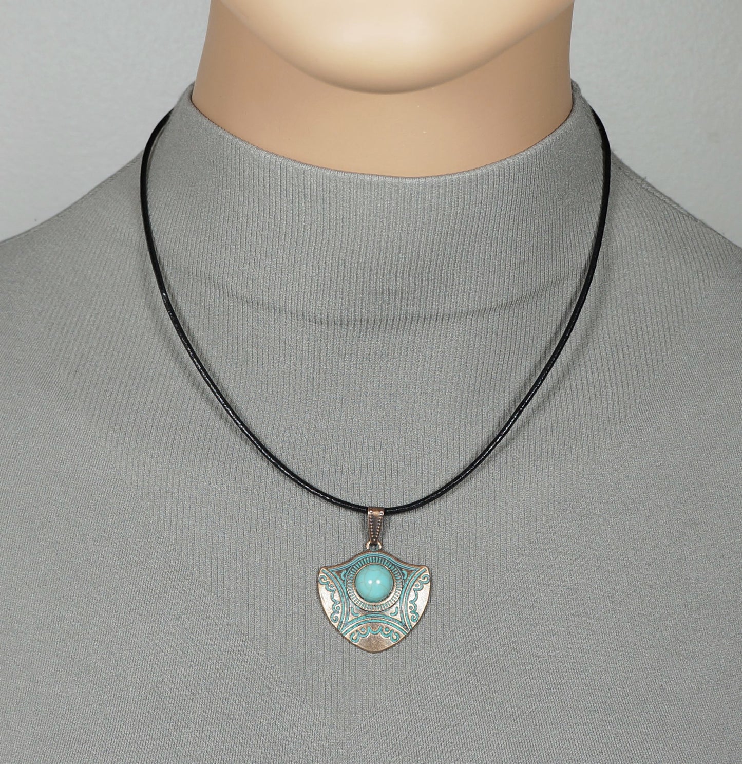 Turquoise & Copper Patina Boho Shield Pendant, Black Leather Cord Necklace, Length Choices, Unisex Gift for Him or Her