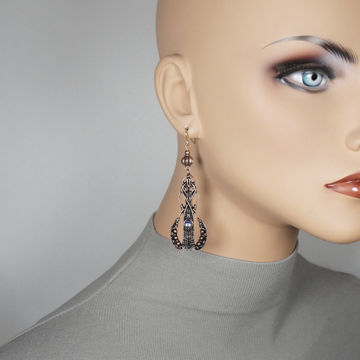 Beautiful Long Abstract Copper and Moonstone Boho Statement Dangle Earrings, 18K Gold Ear Wires