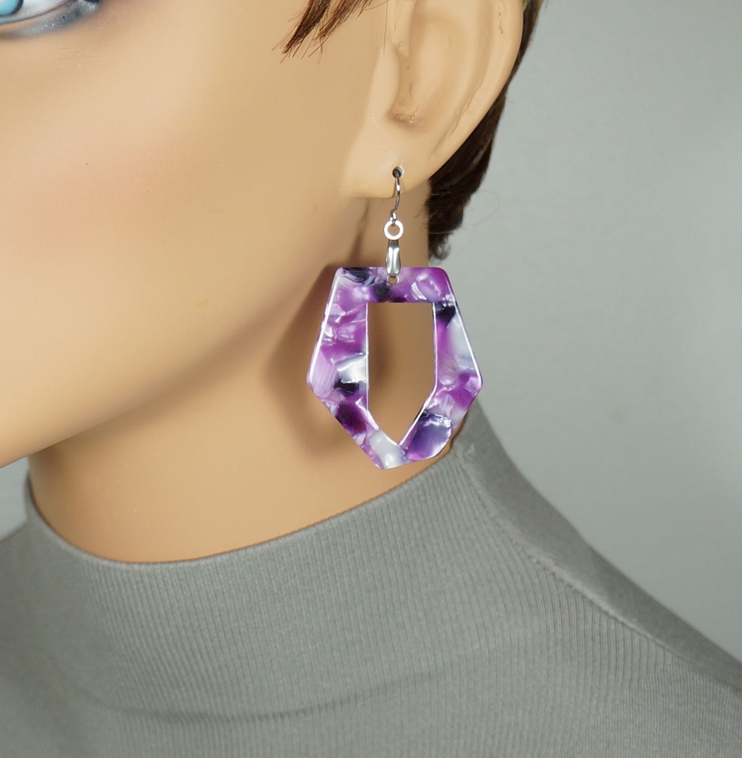 Vibrant Purple Acrylic Lightweight Statement Earrings, Hypoallergenic Platinum Ear Wires