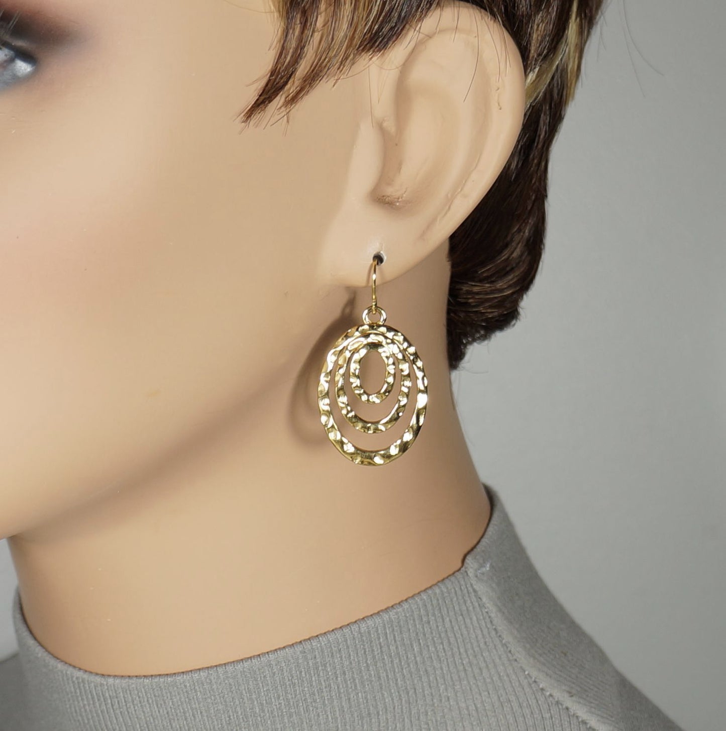 Gold or Silver Triple Hammered Hoop Minimalist Boho Dangle Earrings, Hypoallergenic Ear Wires