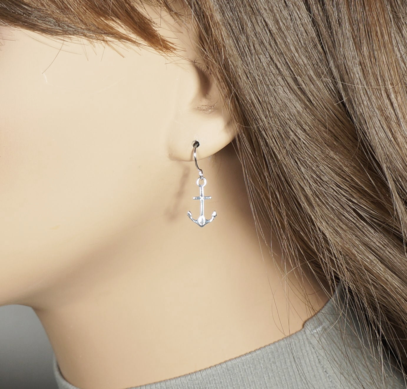 Dainty and Small Sterling Silver Anchor Earrings, Hypoallergenic Platinum Ear Wires