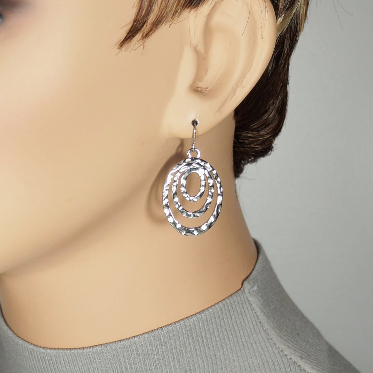 Gold or Silver Triple Hammered Hoop Minimalist Boho Dangle Earrings, Hypoallergenic Ear Wires