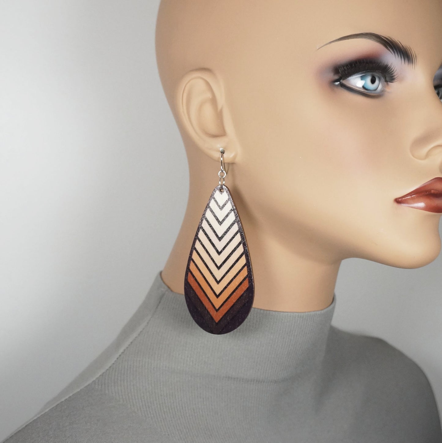 Lightweight Wood Chevron Teardrop Boho Statement Earrings, Platinum Ear Wires