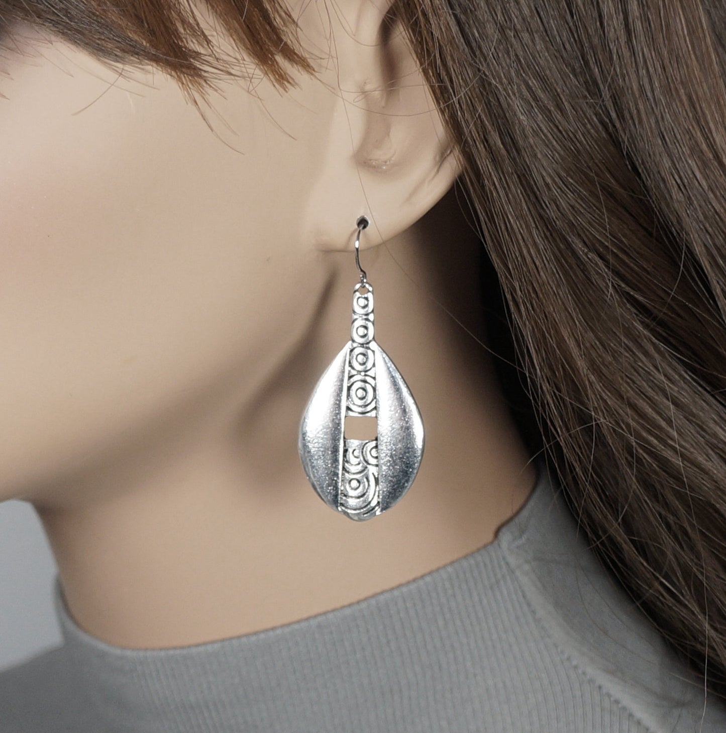 Silver Teardrops with Swirl Spirals Rustic Boho Statement Earrings, Platinum Ear Wires, Gift for Her