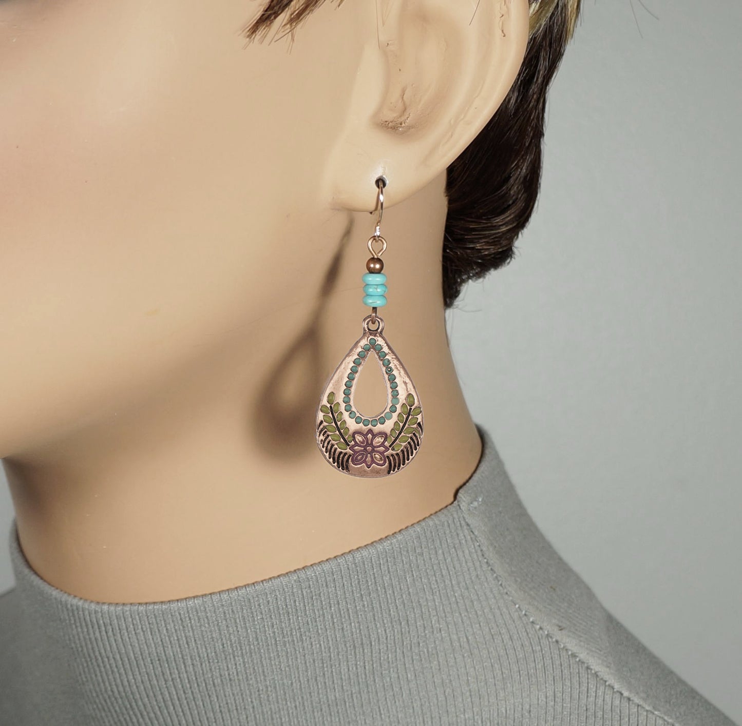 Boho Copper Flower Teardrop with Turquoise Gemstone Dangle Earrings, Hypoallergenic Rose Gold Ear Wires